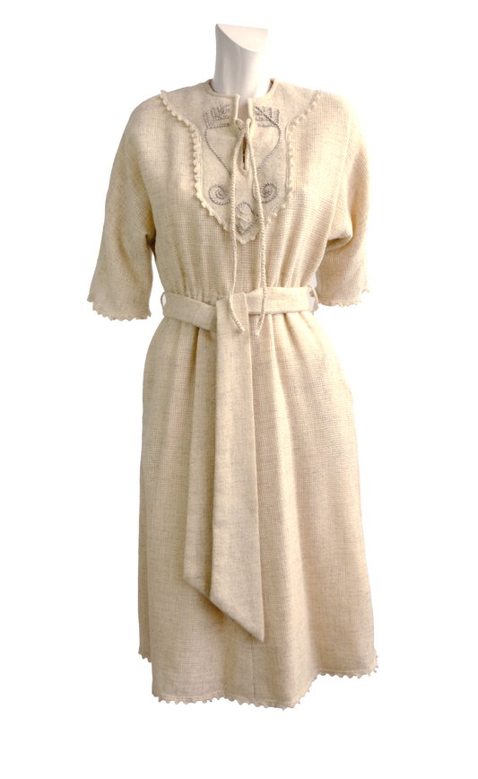 Anna Roose 1970s Vintage Dress in Loose Weave Wool, Embroidered, Small
