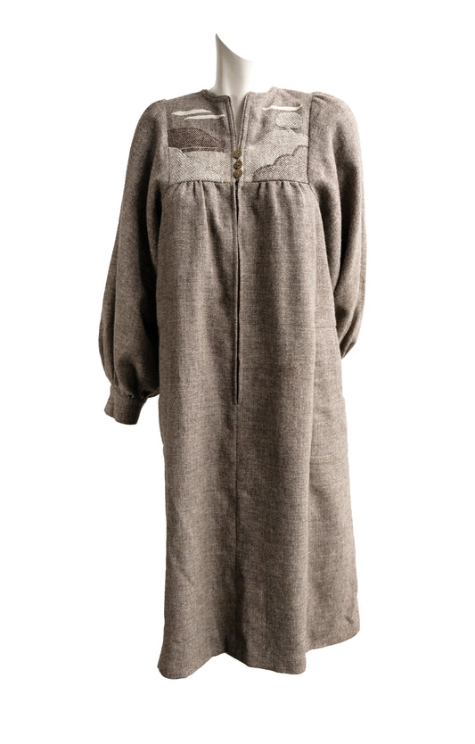 Anna Roose Vintage Dress in Brown Wool with Appliqué Landscape, Small