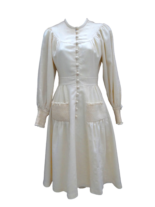 Annie Gough Vintage Ivory Wool Crepe Button-through Dress with Smocking, UK6-8