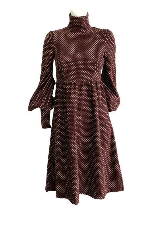 Biba Original 1970s Vintage Dress in Brown Polka Dot Needlecord, UK8-10