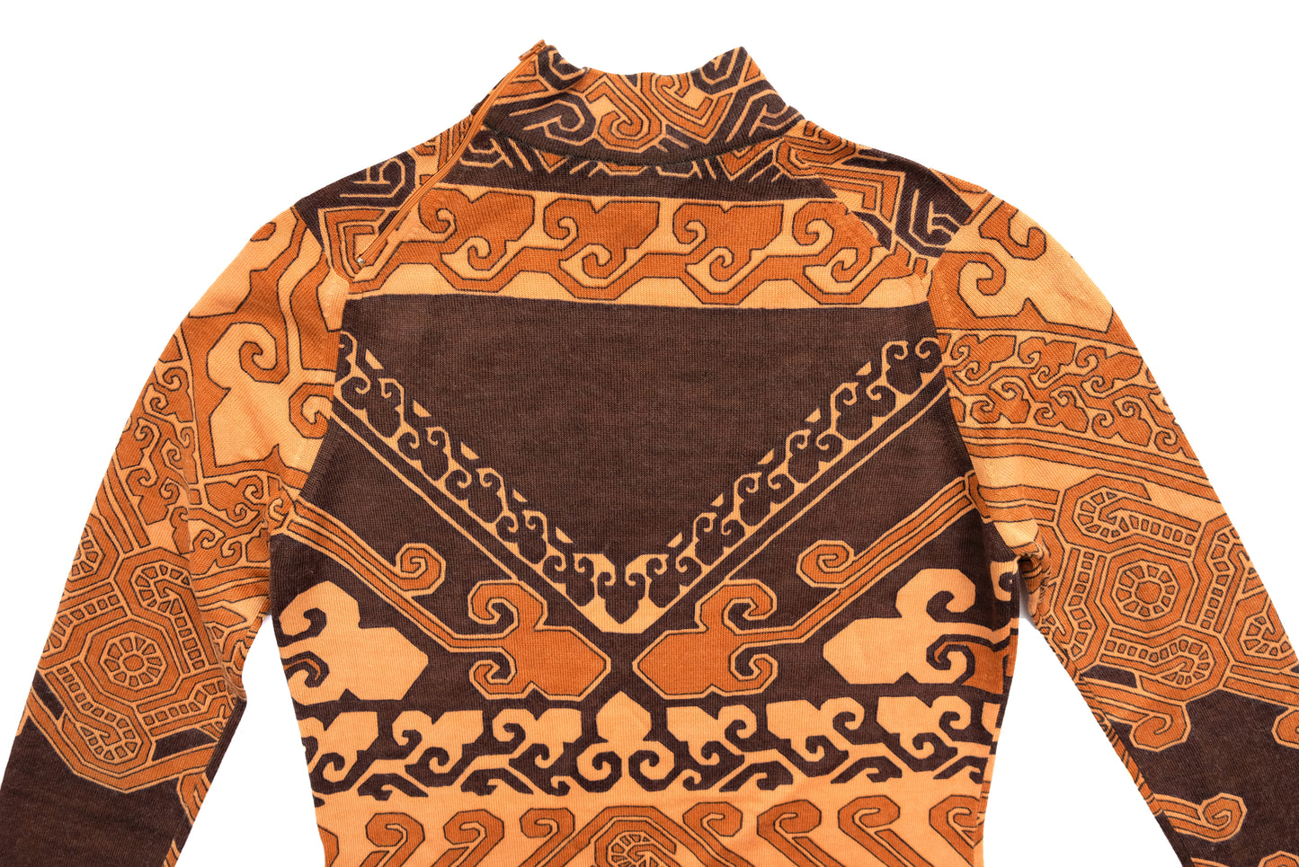 1970s Vintage Brown Geometric Jersey Dress, possibly Leonard Paris