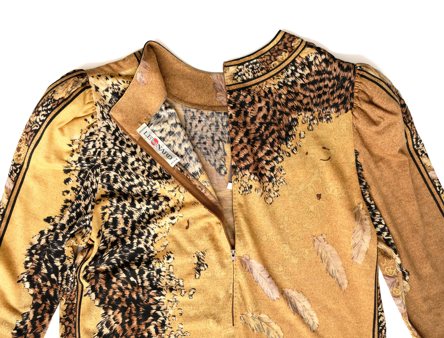 Leonard Studio 1980s Vintage Gold Jersey Dress with Feather Motif, UK10-12