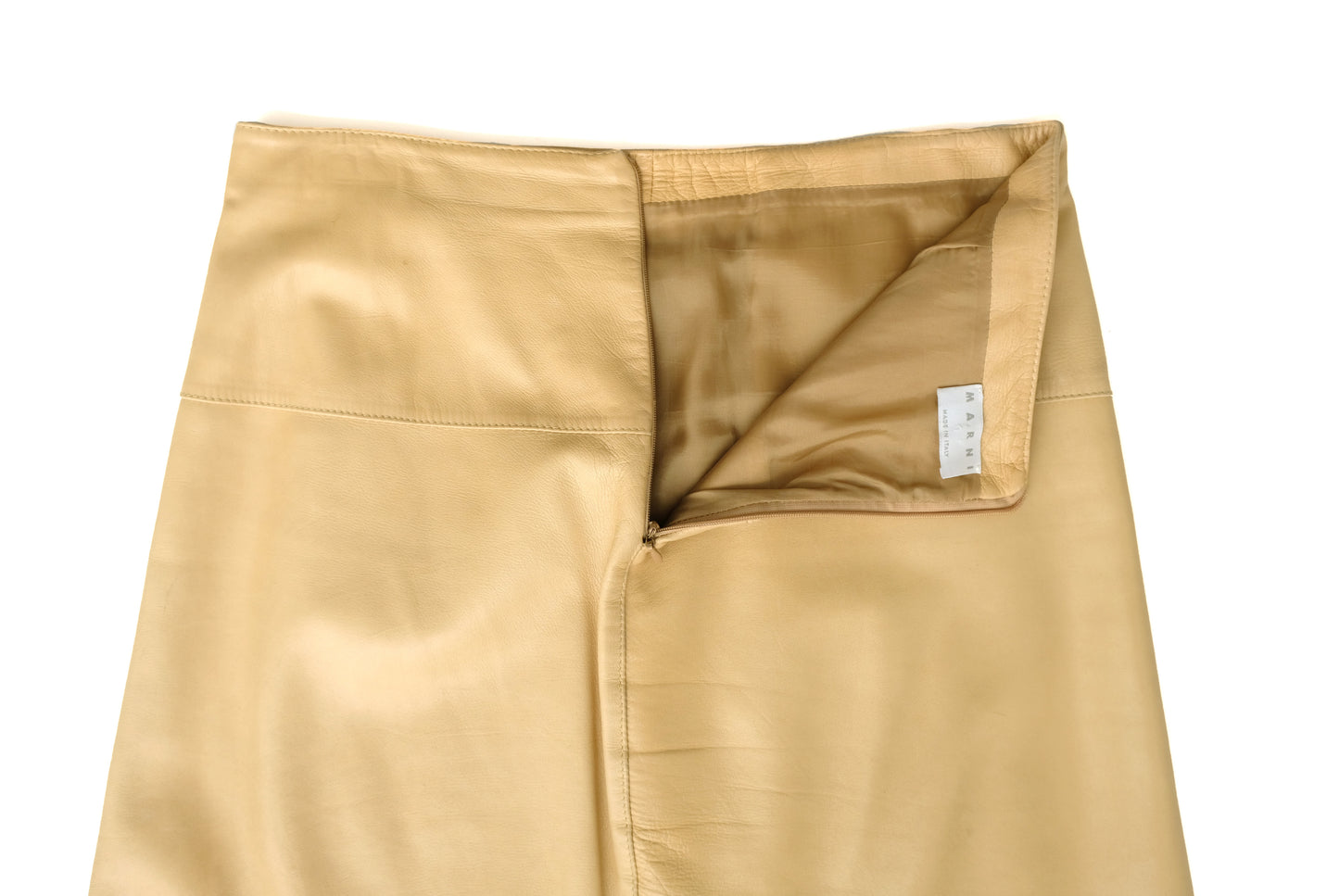 Marni Pleated Biscuit Leather Skirt, UK8
