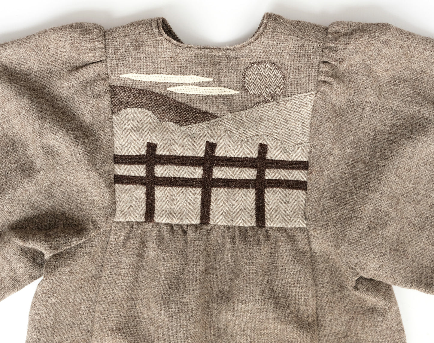 Anna Roose Vintage Dress in Brown Wool with Appliqué Landscape, Small