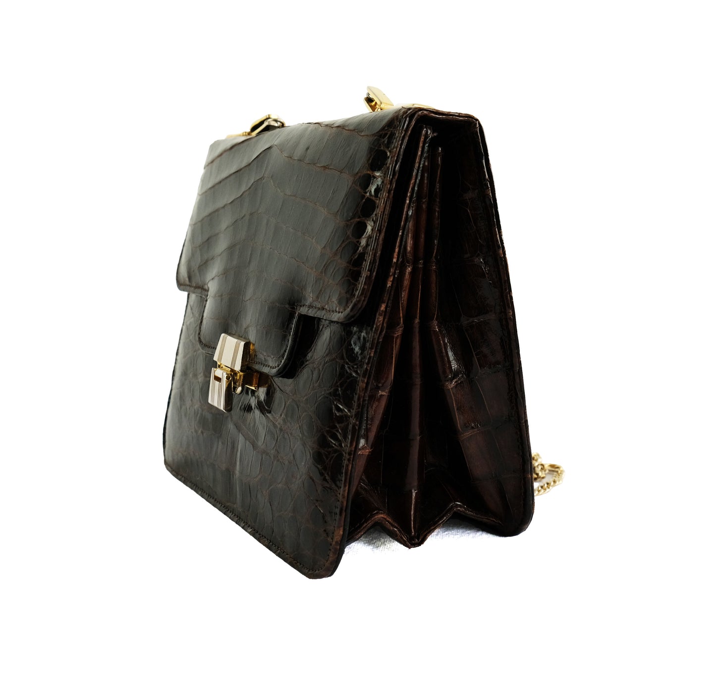 1970s Vintage Boxy Reptile Handbag with Gilt Chain, Small