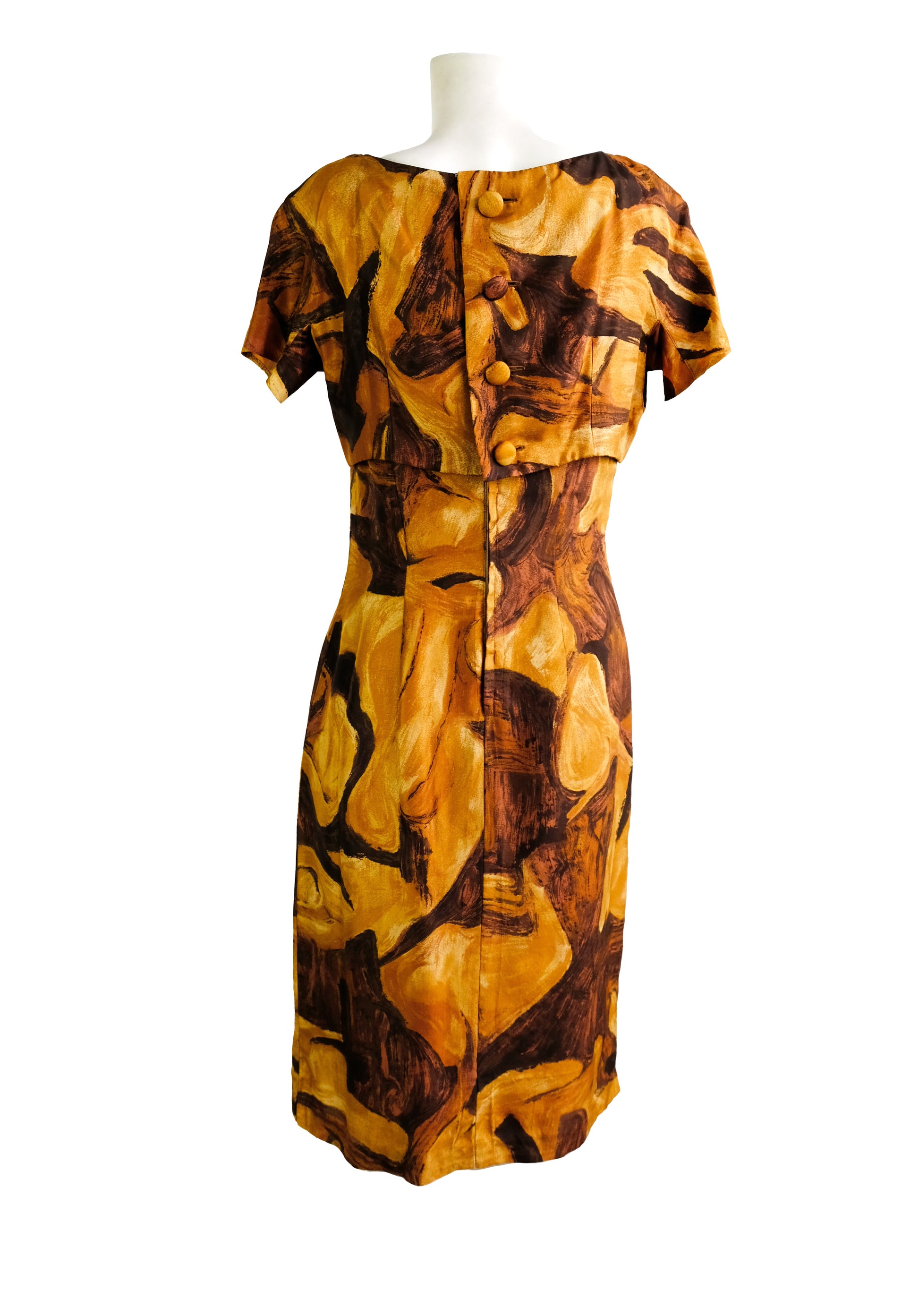 Jerimain 1960s Vintage Dress in Brown Abstract Print Silk, UK8-10