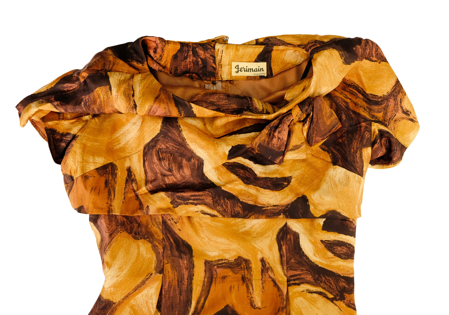 Jerimain 1960s Vintage Dress in Brown Abstract Print Silk, UK8-10