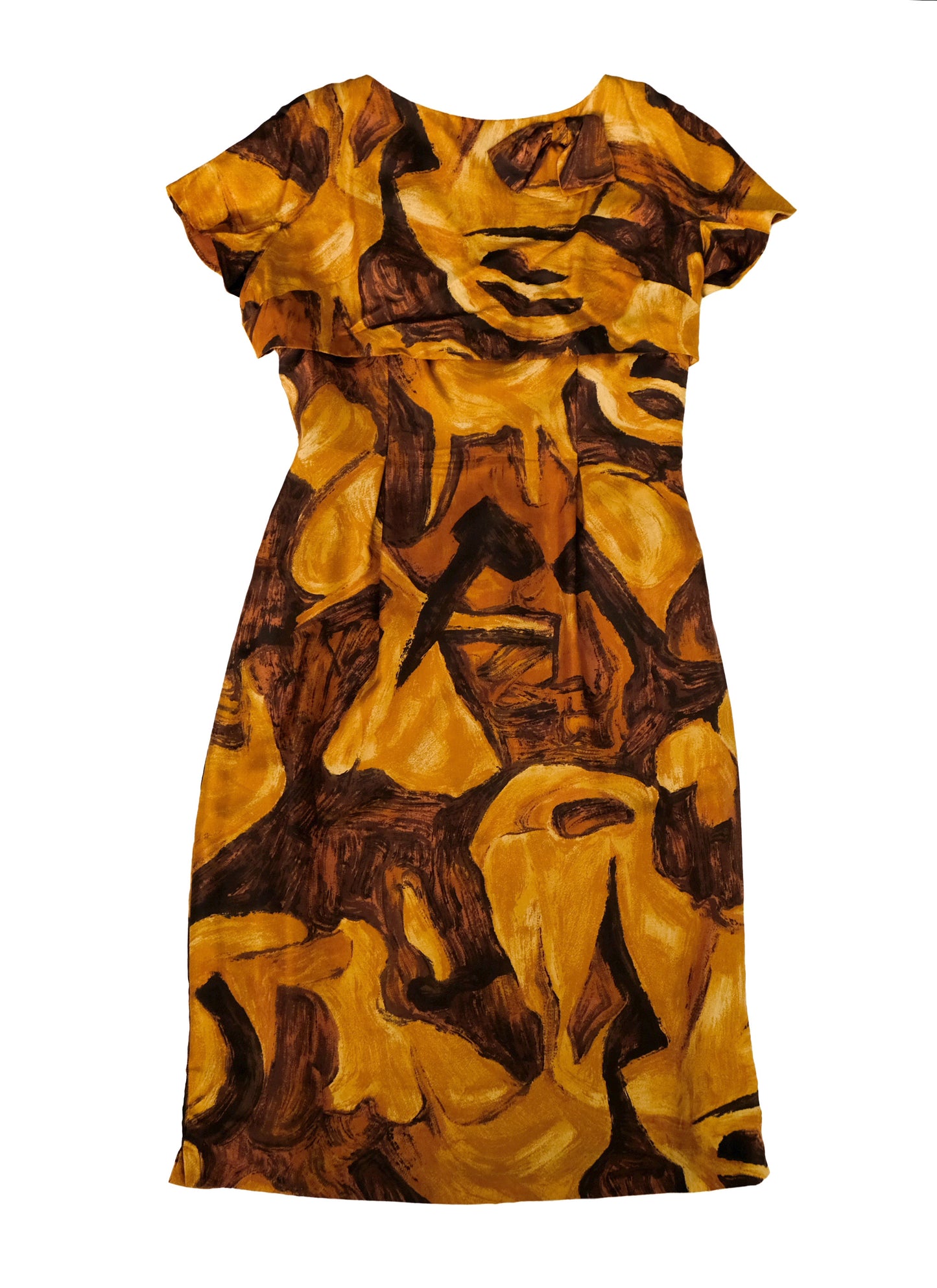 Jerimain 1960s Vintage Dress in Brown Abstract Print Silk, UK8-10