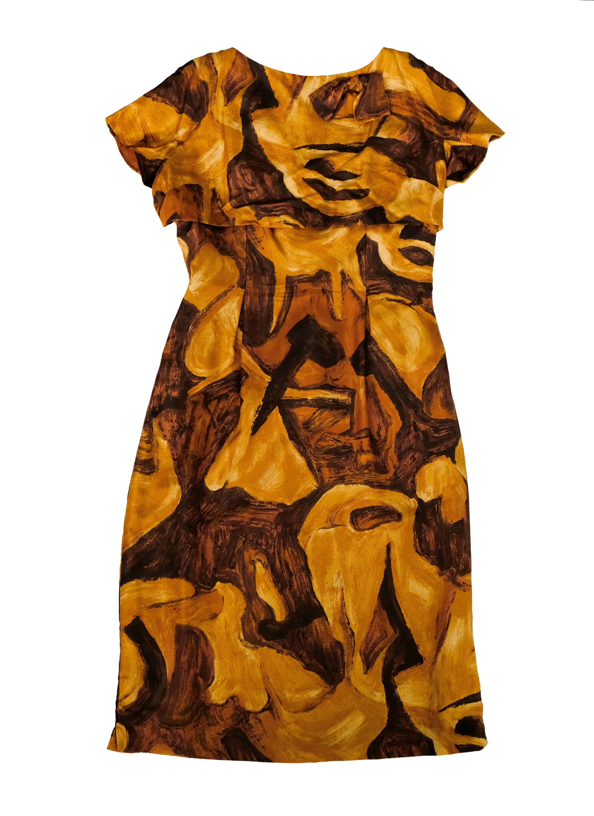 Jerimain 1960s Vintage Dress in Brown Abstract Print Silk, UK8-10