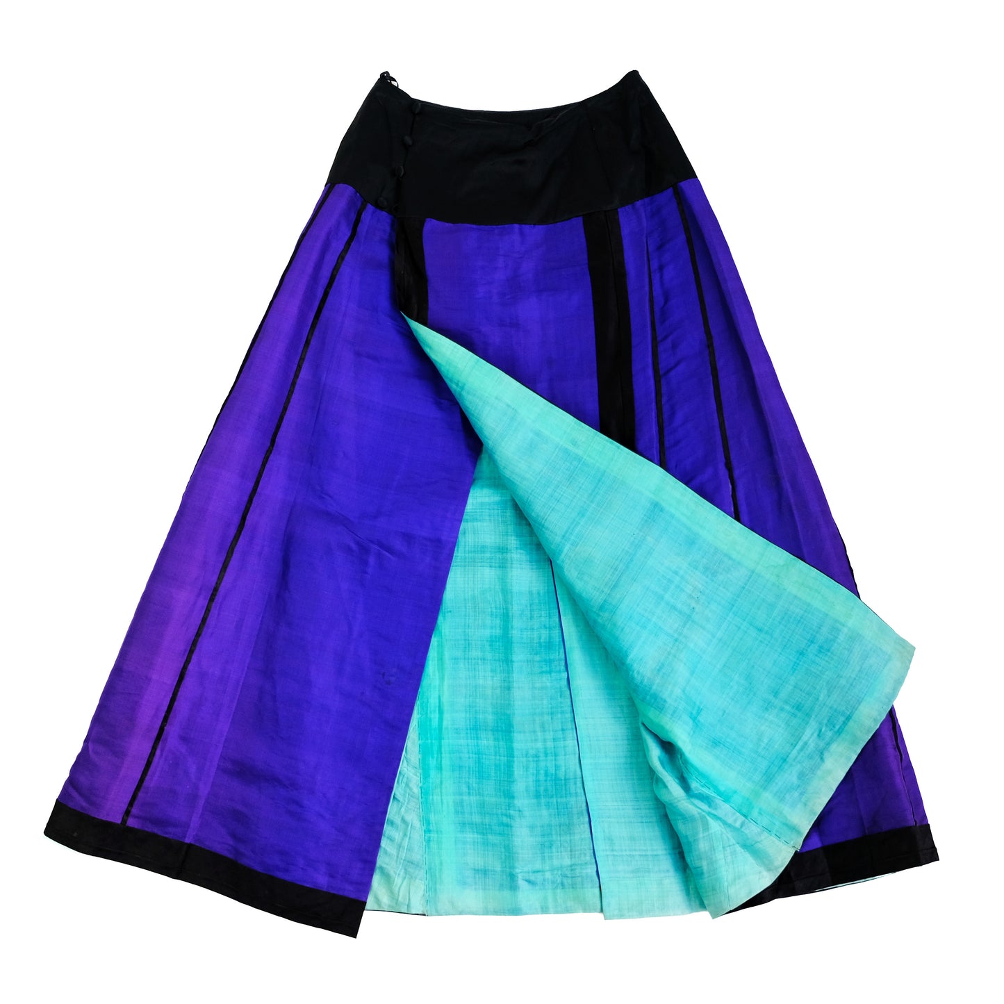 Antique 19th Century Maxi Skirt in Purple Chinese Silk with Gold Embroidery