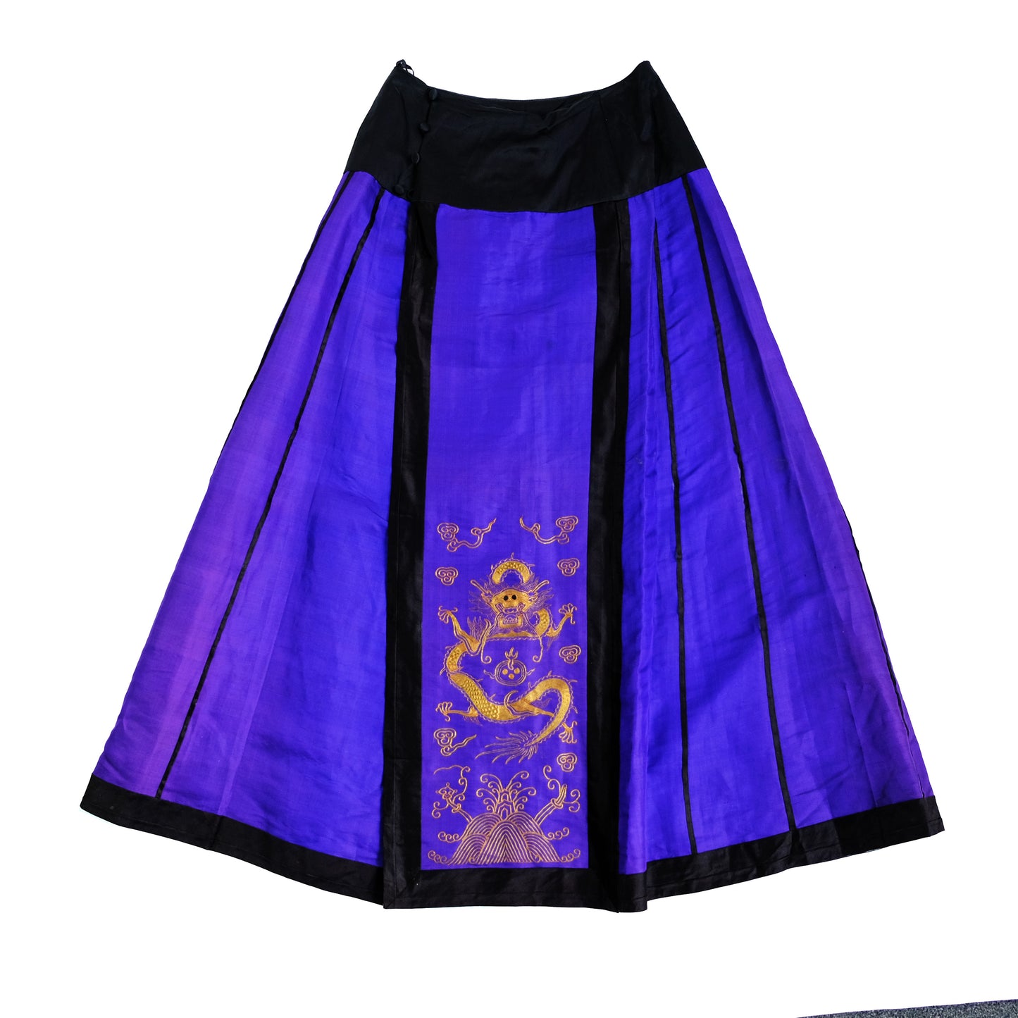 Antique 19th Century Maxi Skirt in Purple Chinese Silk with Gold Embroidery