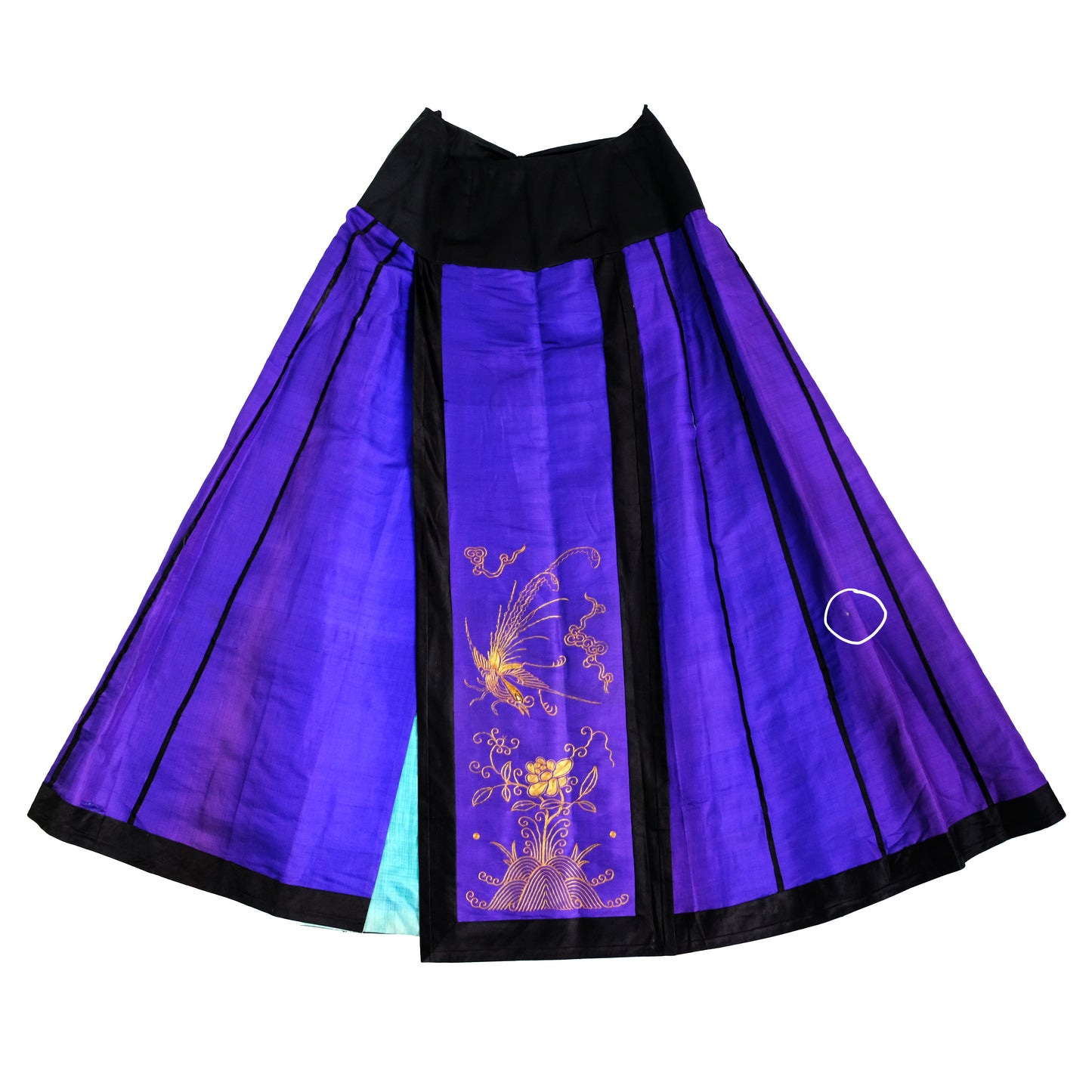 Antique 19th Century Maxi Skirt in Purple Chinese Silk with Gold Embroidery