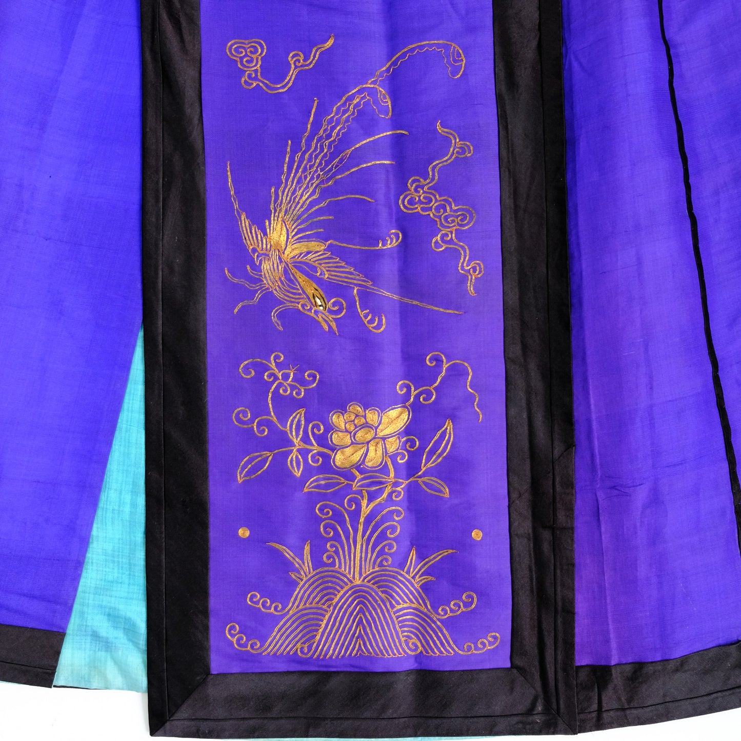 Antique 19th Century Maxi Skirt in Purple Chinese Silk with Gold Embroidery
