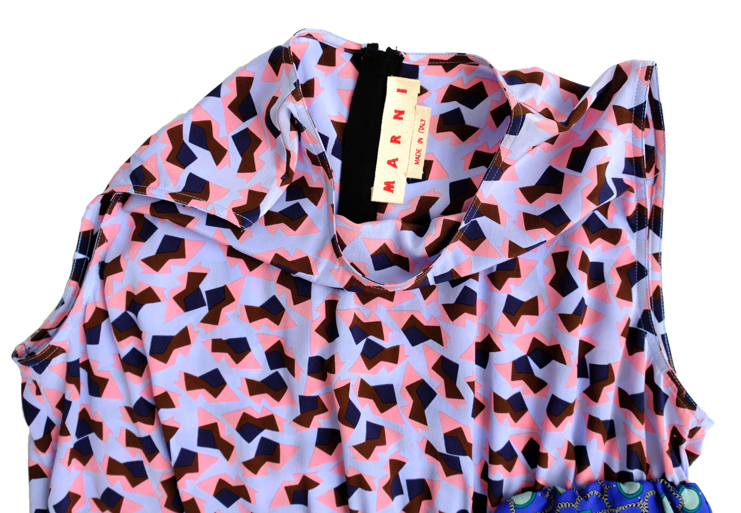 Marni Sleeveless Ruffle Top in Blue and Pink Print Silk, UK14