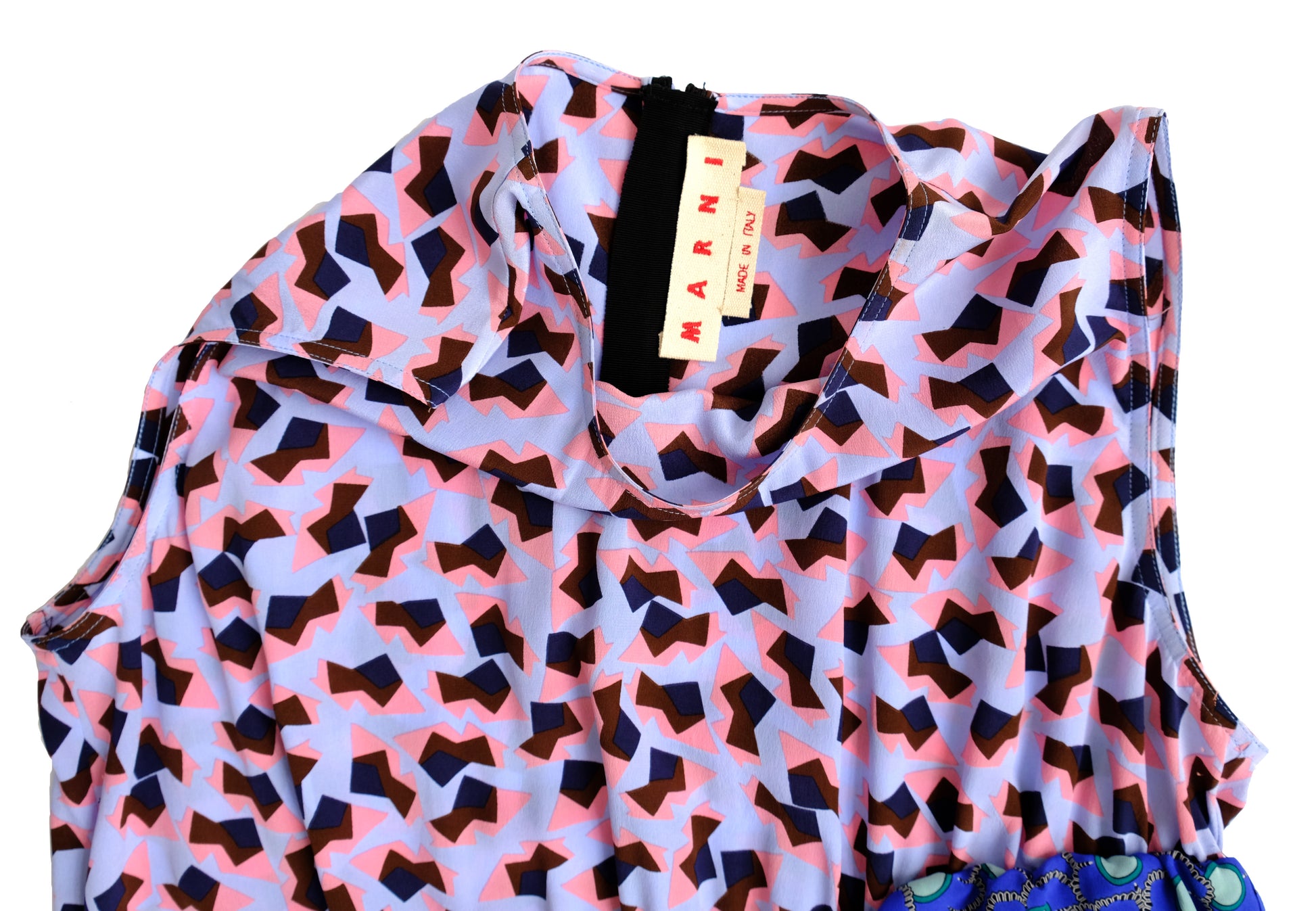 Marni Sleeveless Ruffle Top in Blue and Pink Print Silk, UK14