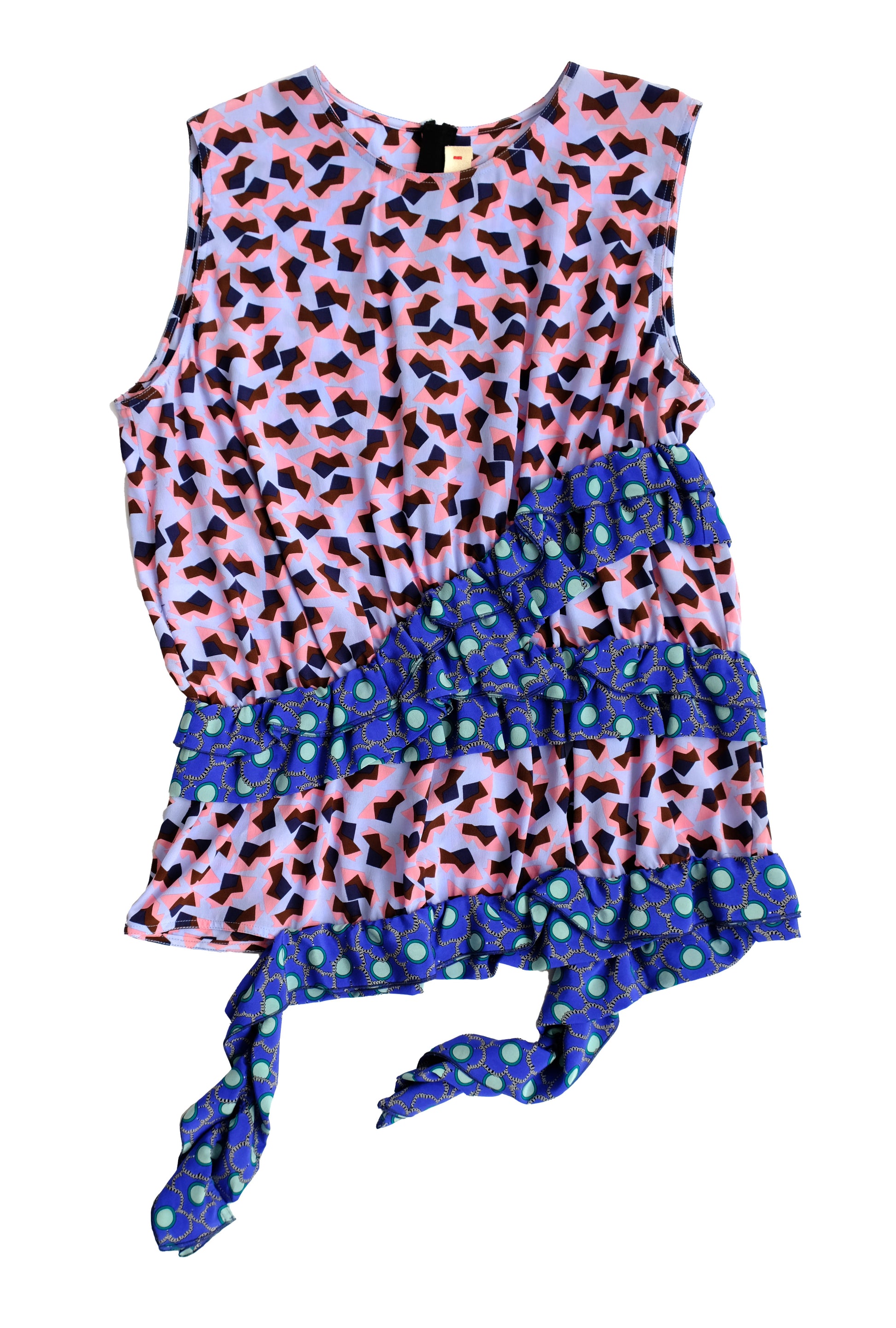 Marni Sleeveless Ruffle Top in Blue and Pink Print Silk, UK14