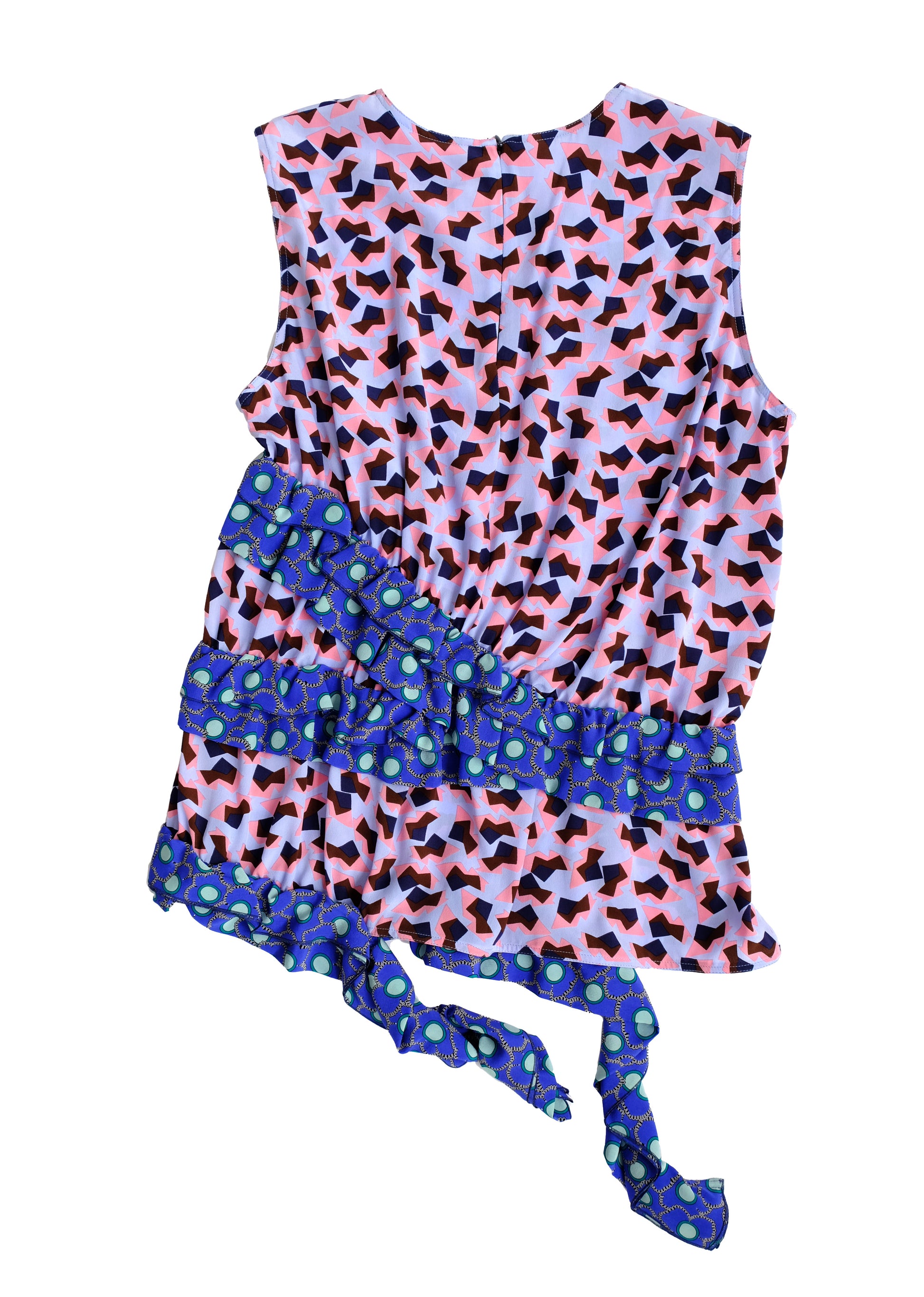 Marni Sleeveless Ruffle Top in Blue and Pink Print Silk, UK14