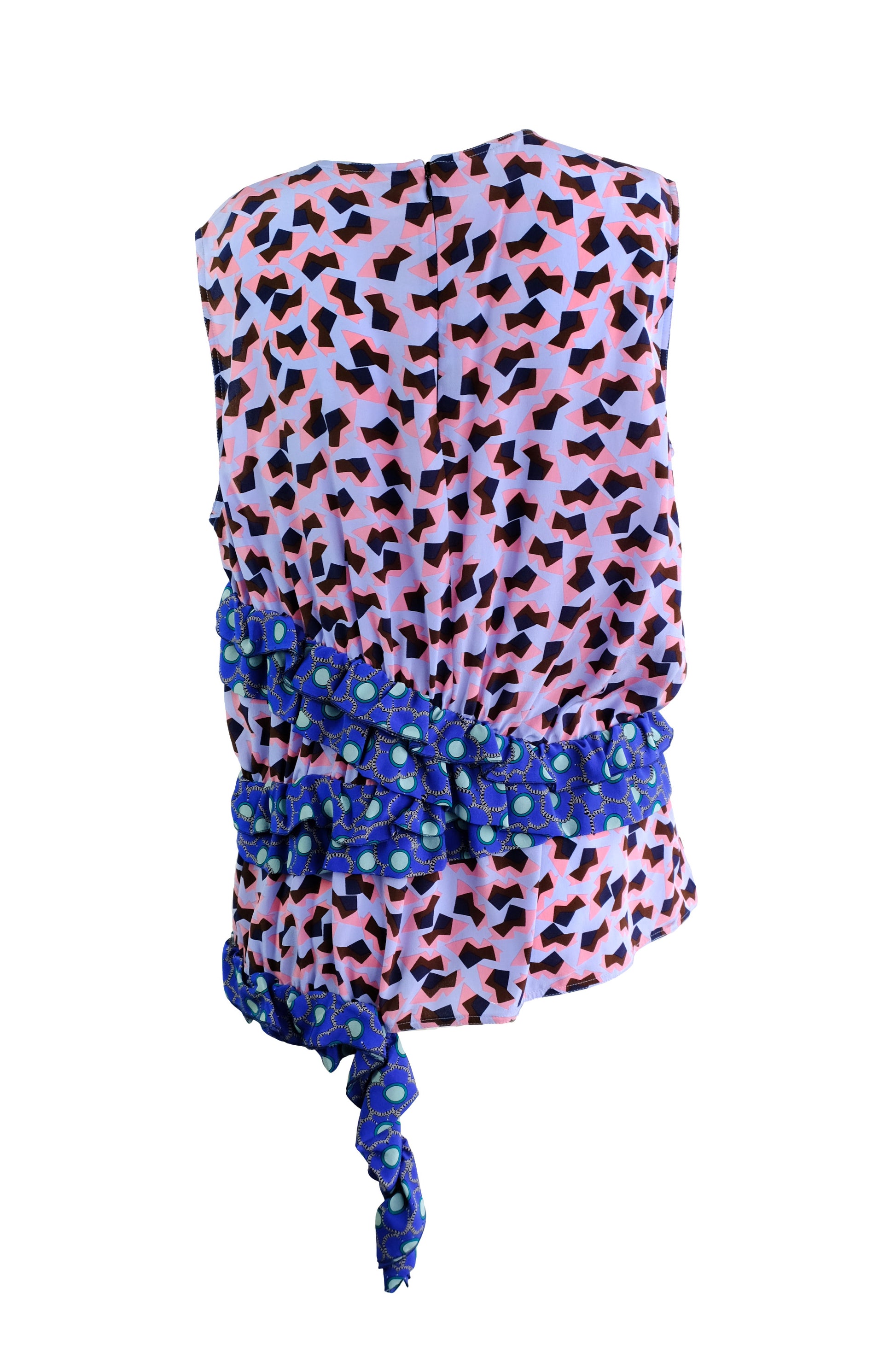 Marni Sleeveless Ruffle Top in Blue and Pink Print Silk, UK14