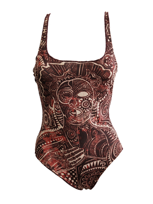 Jean Paul Gaultier Maille Vintage Swimsuit / Body in Tribal Tattoo Print, M-L