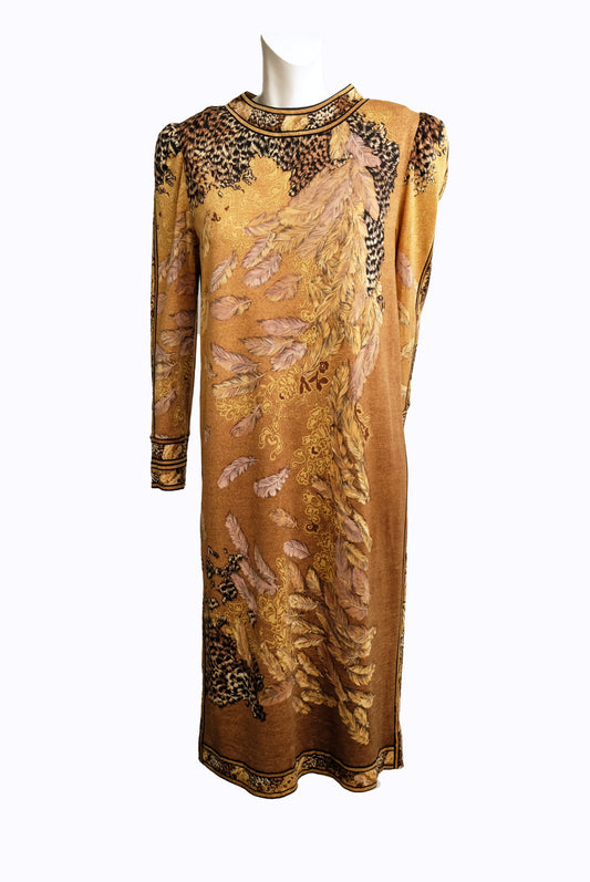 Leonard Studio 1980s Vintage Gold Jersey Dress with Feather Motif, UK10-12