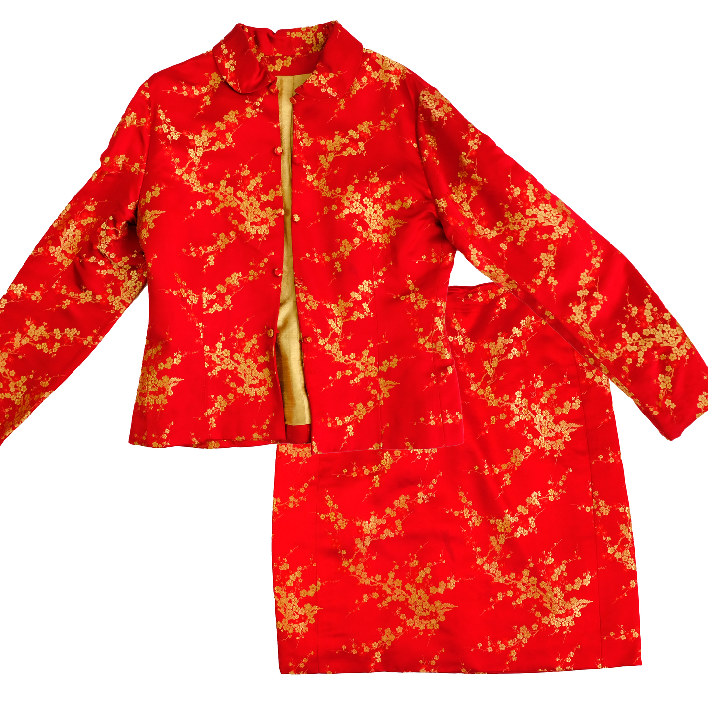 Handmade Vintage Skirt Suit in Red and Gold Chinese Silk, UK10