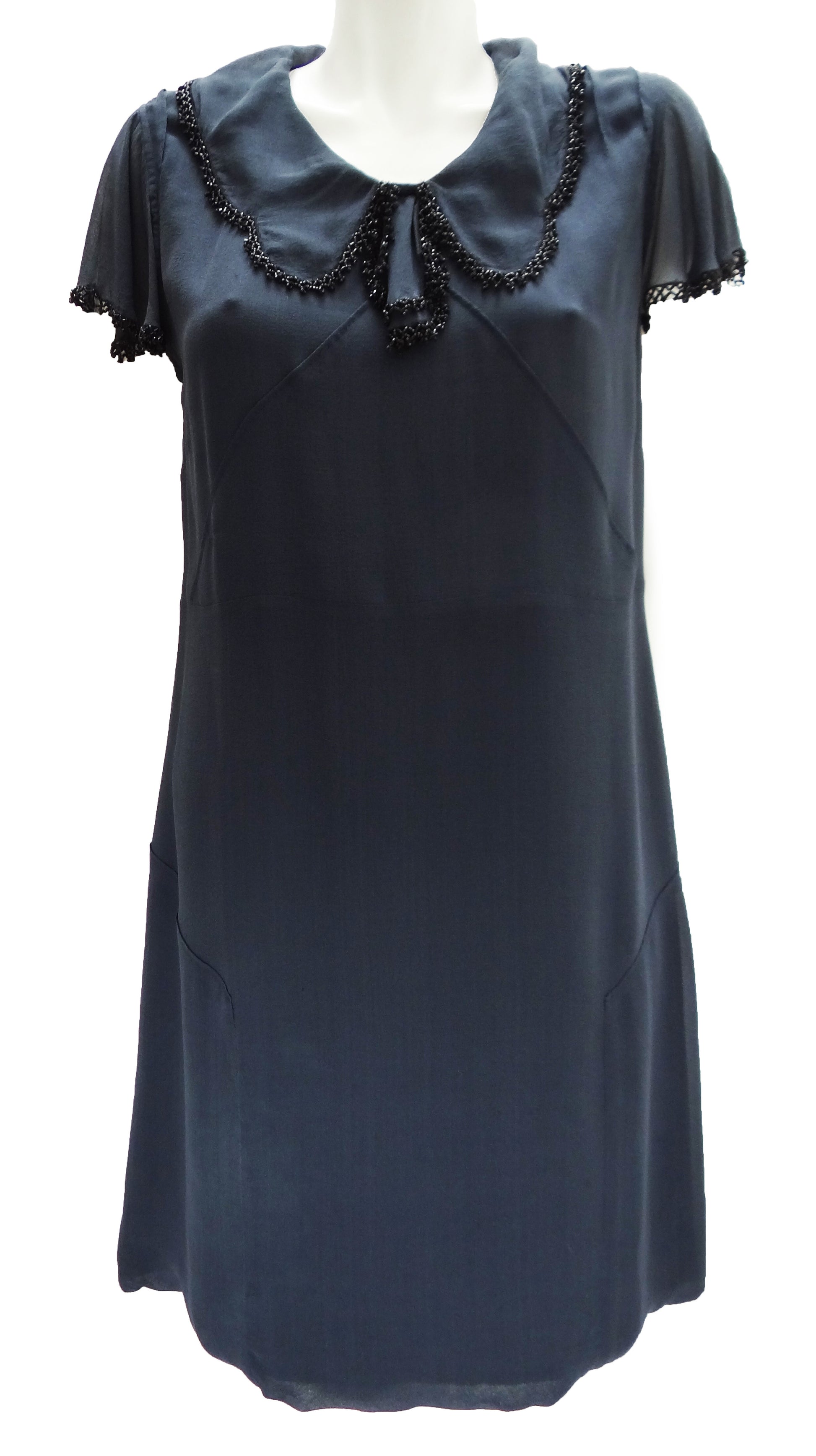 Nicole Farhi Charcoal Grey Silk Shift Dress with Beaded Trim UK12