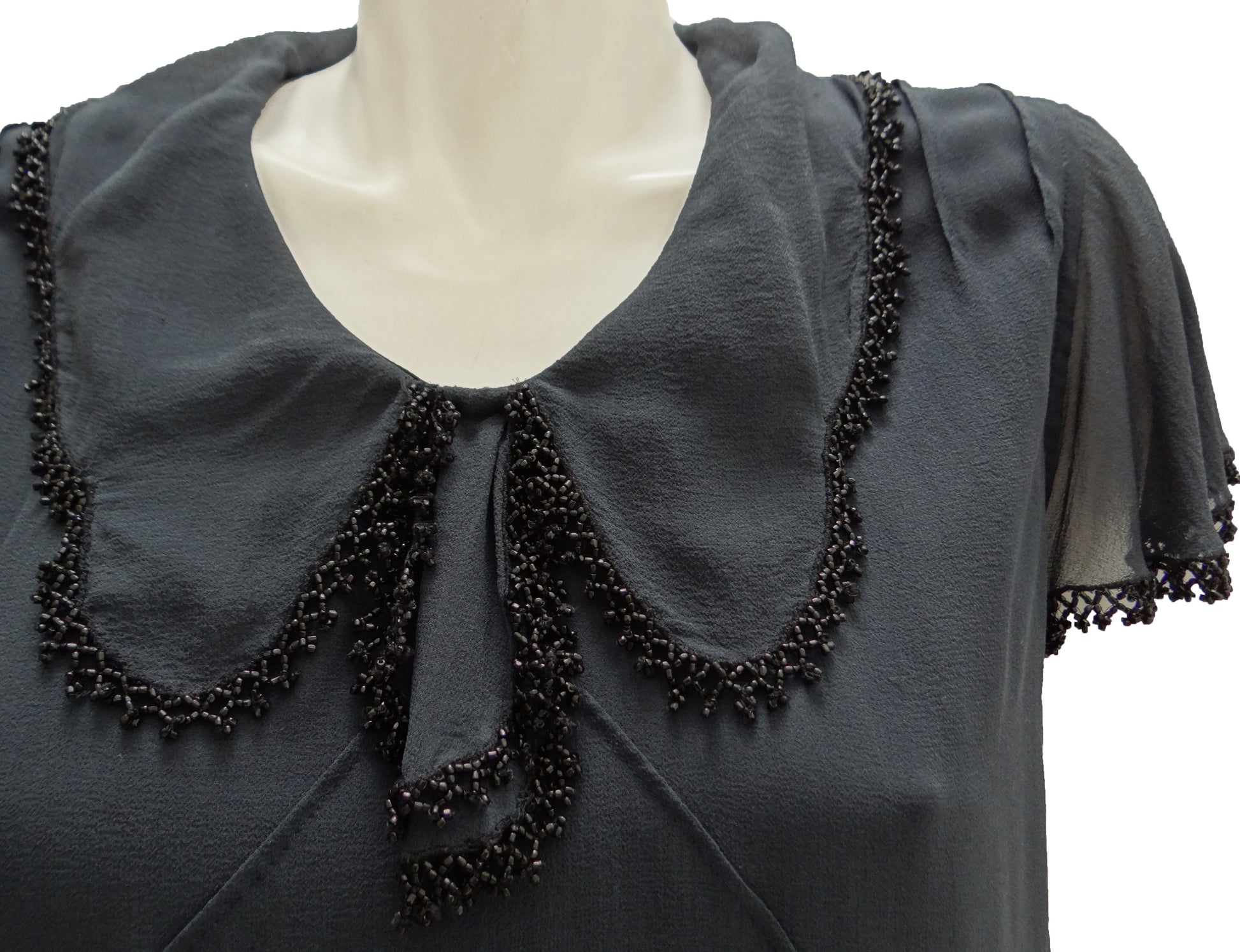 Nicole Farhi Charcoal Grey Silk Shift Dress with Beaded Trim UK12