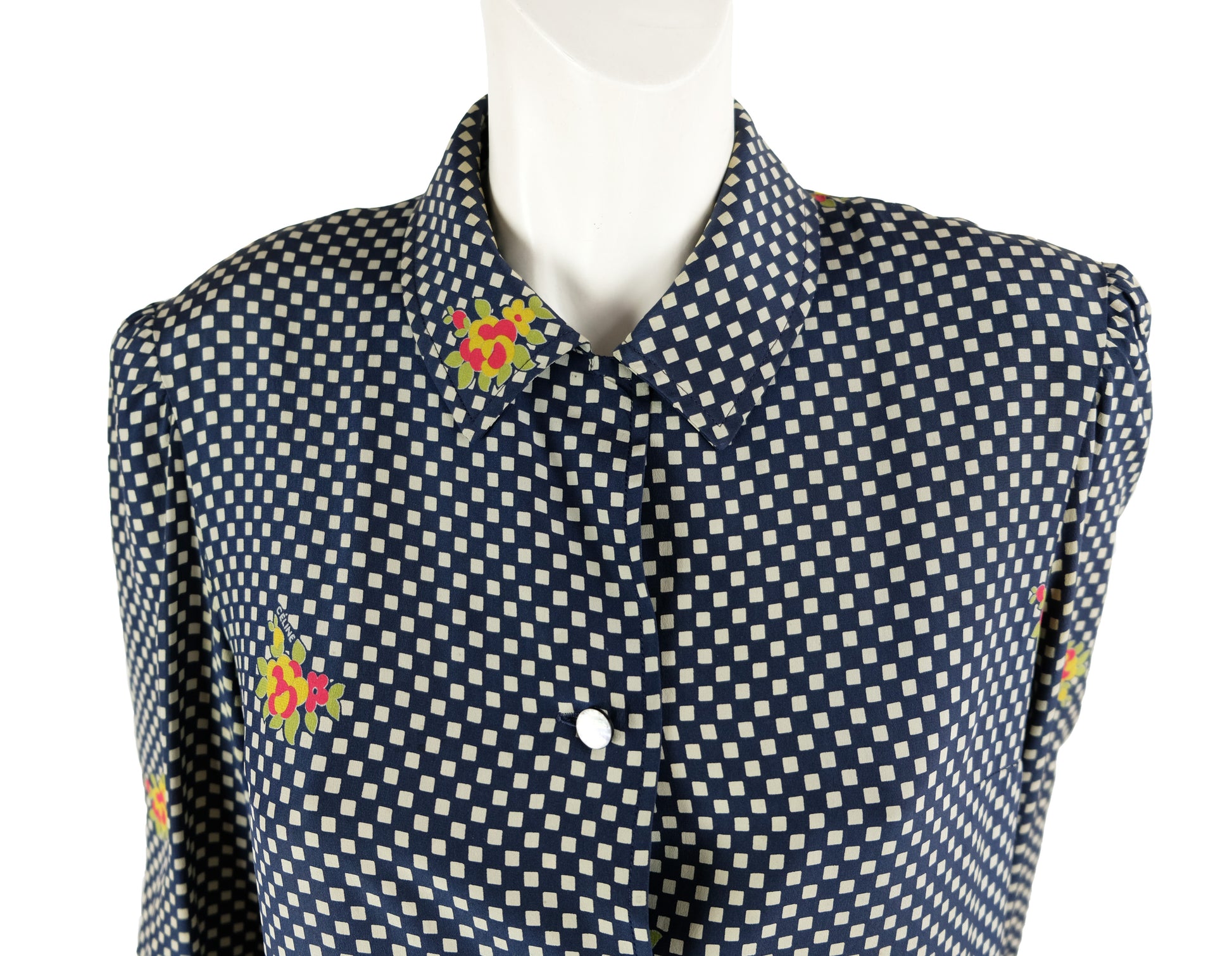 Celine Vintage Shirt Dress in Chequered Silk with Floral Detail, UK12