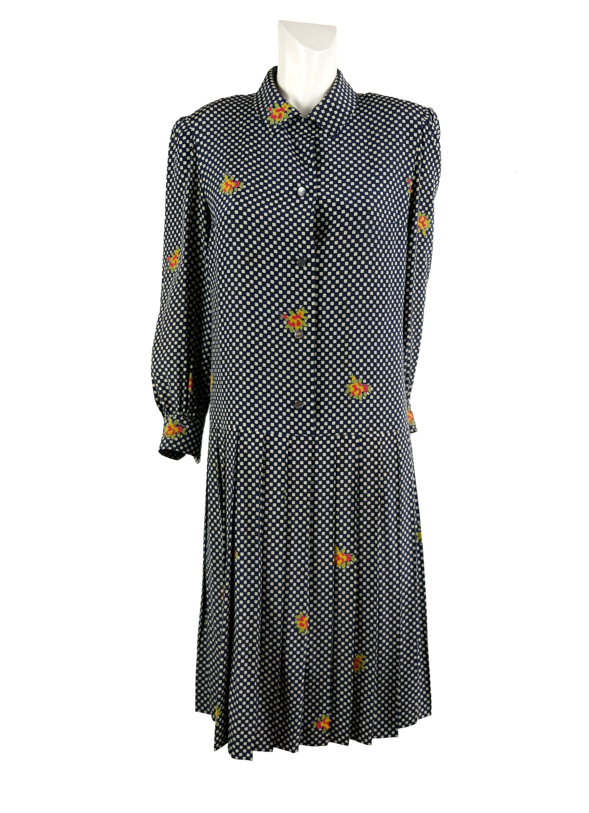 Celine Vintage Shirt Dress in Chequered Silk with Floral Detail, UK12
