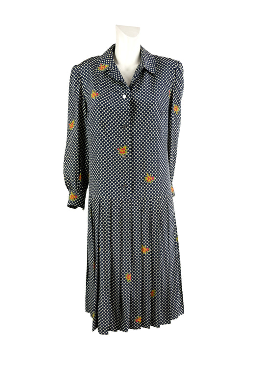 Celine Vintage Shirt Dress in Chequered Silk with Floral Detail, UK12