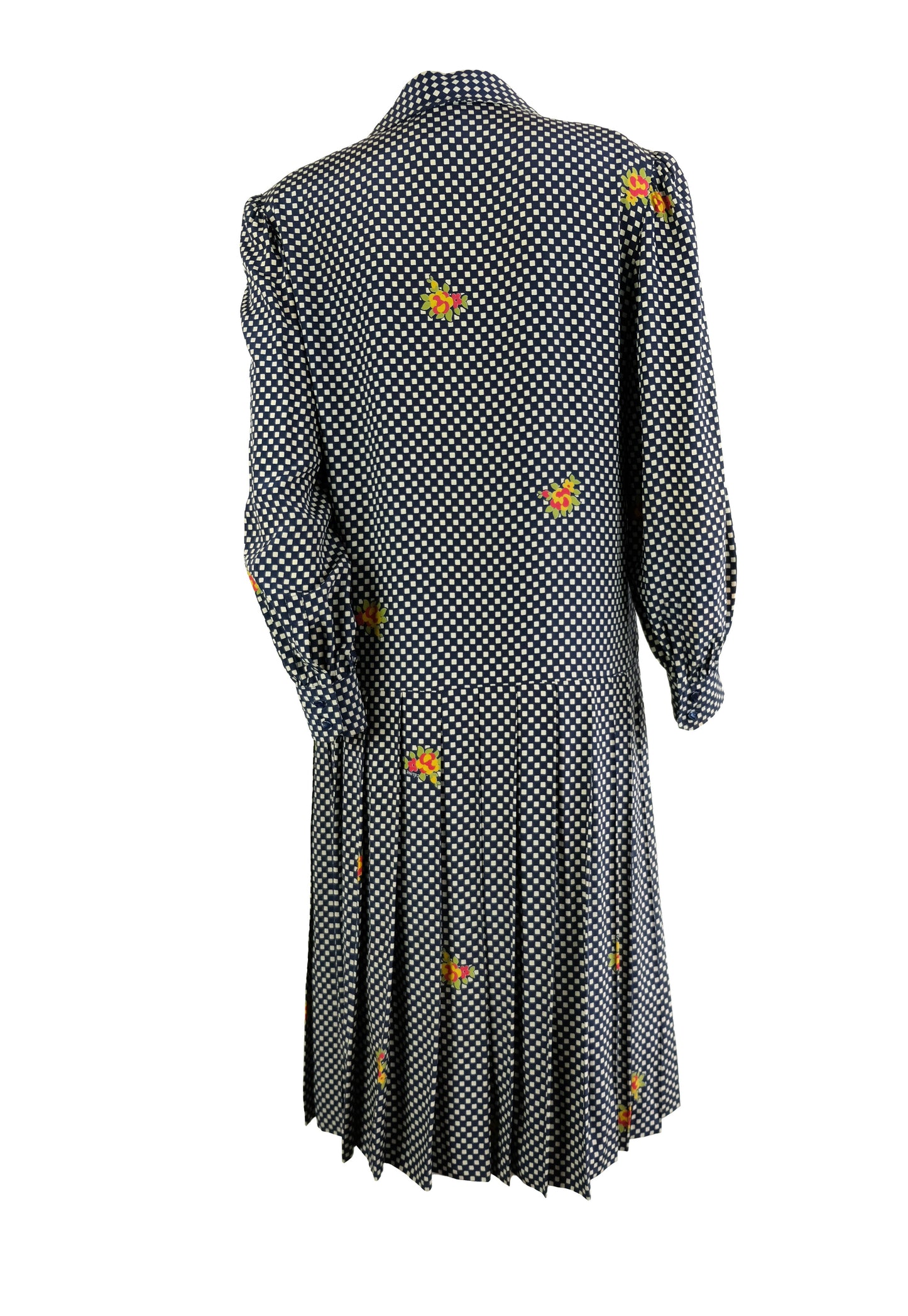 Celine Vintage Shirt Dress in Chequered Silk with Floral Detail, UK12