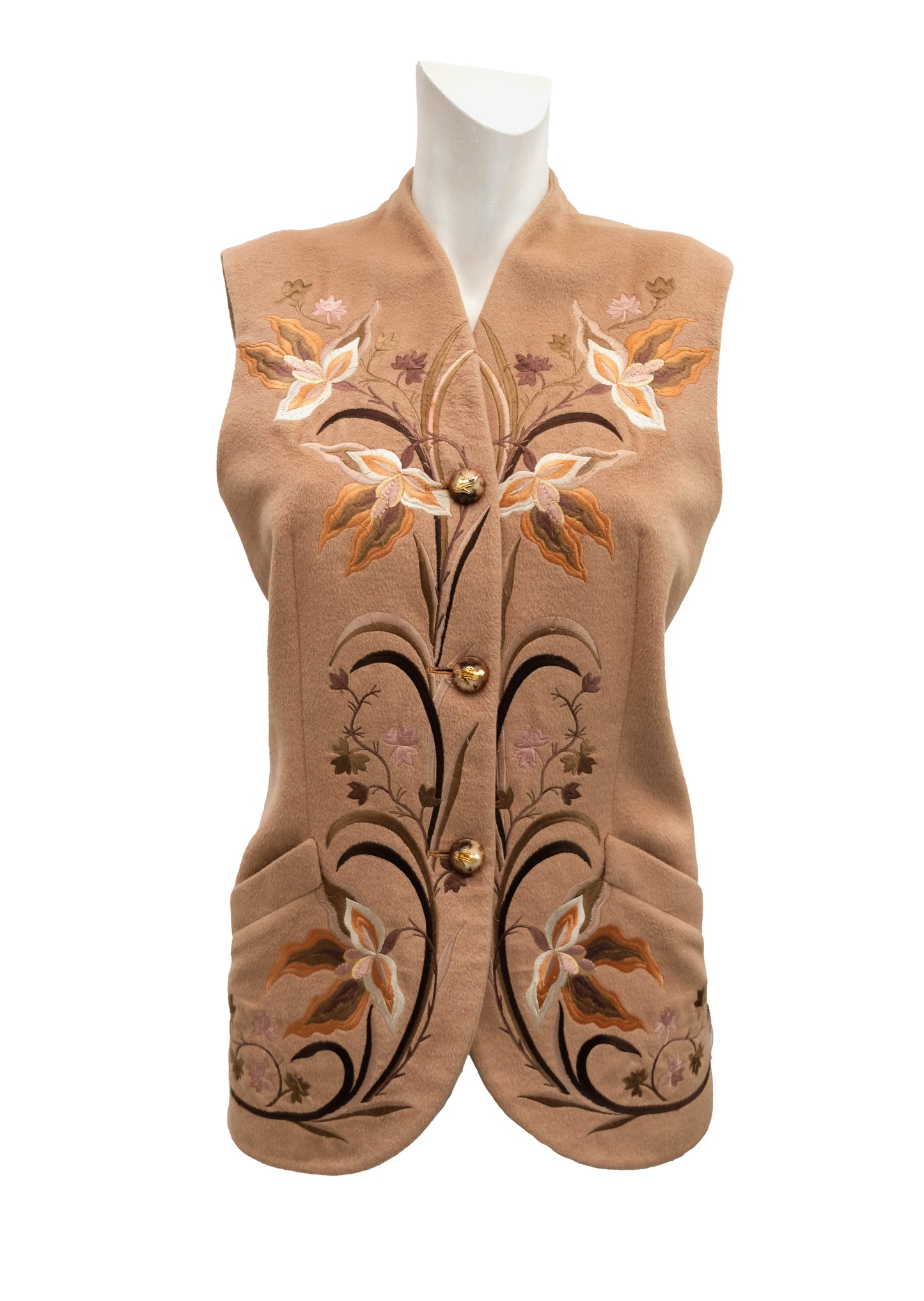 Salvatore Ferragamo Vintage Camel Waistcoat with Embroidered Flowers, UK10