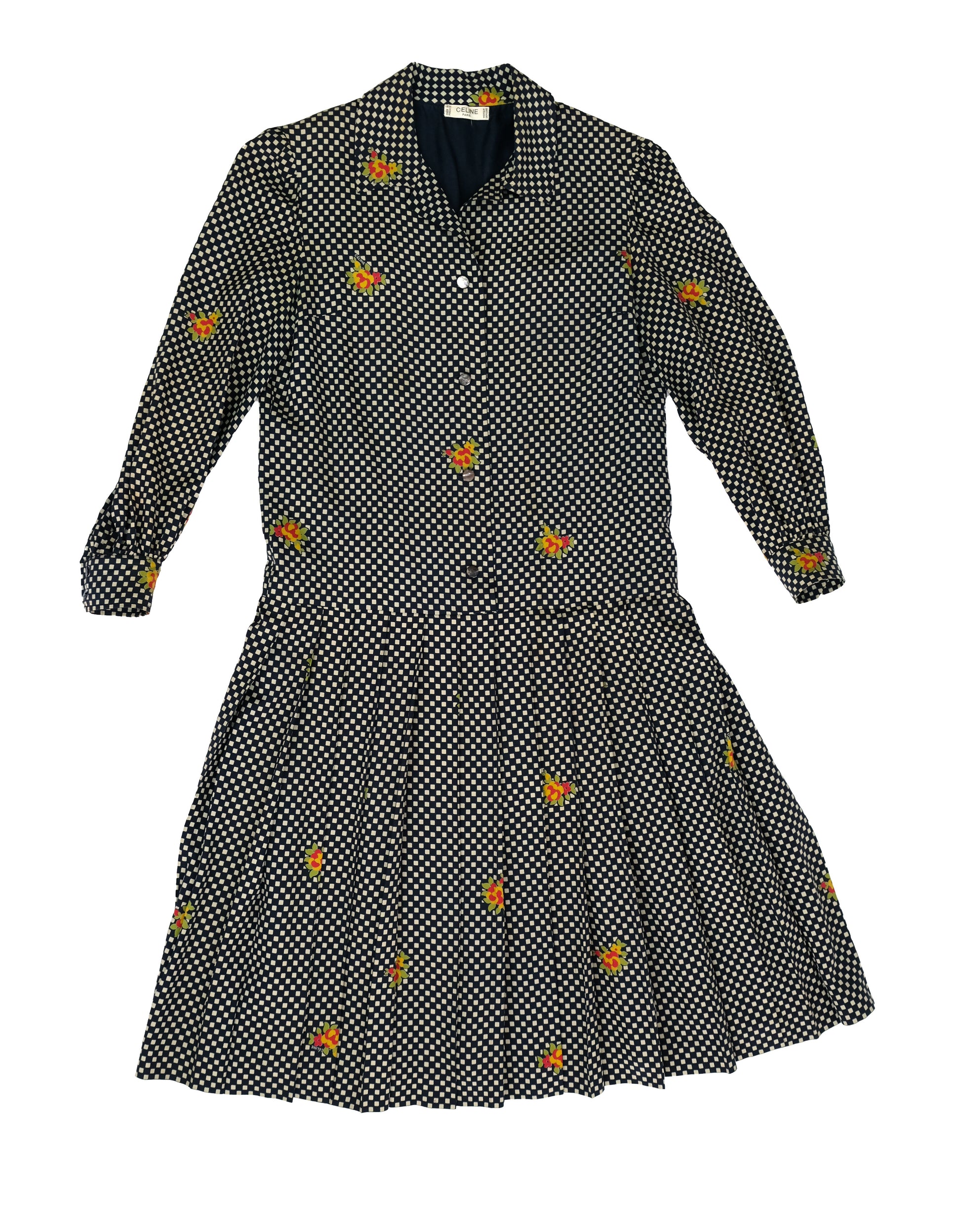 Celine Vintage Shirt Dress in Chequered Silk with Floral Detail, UK12