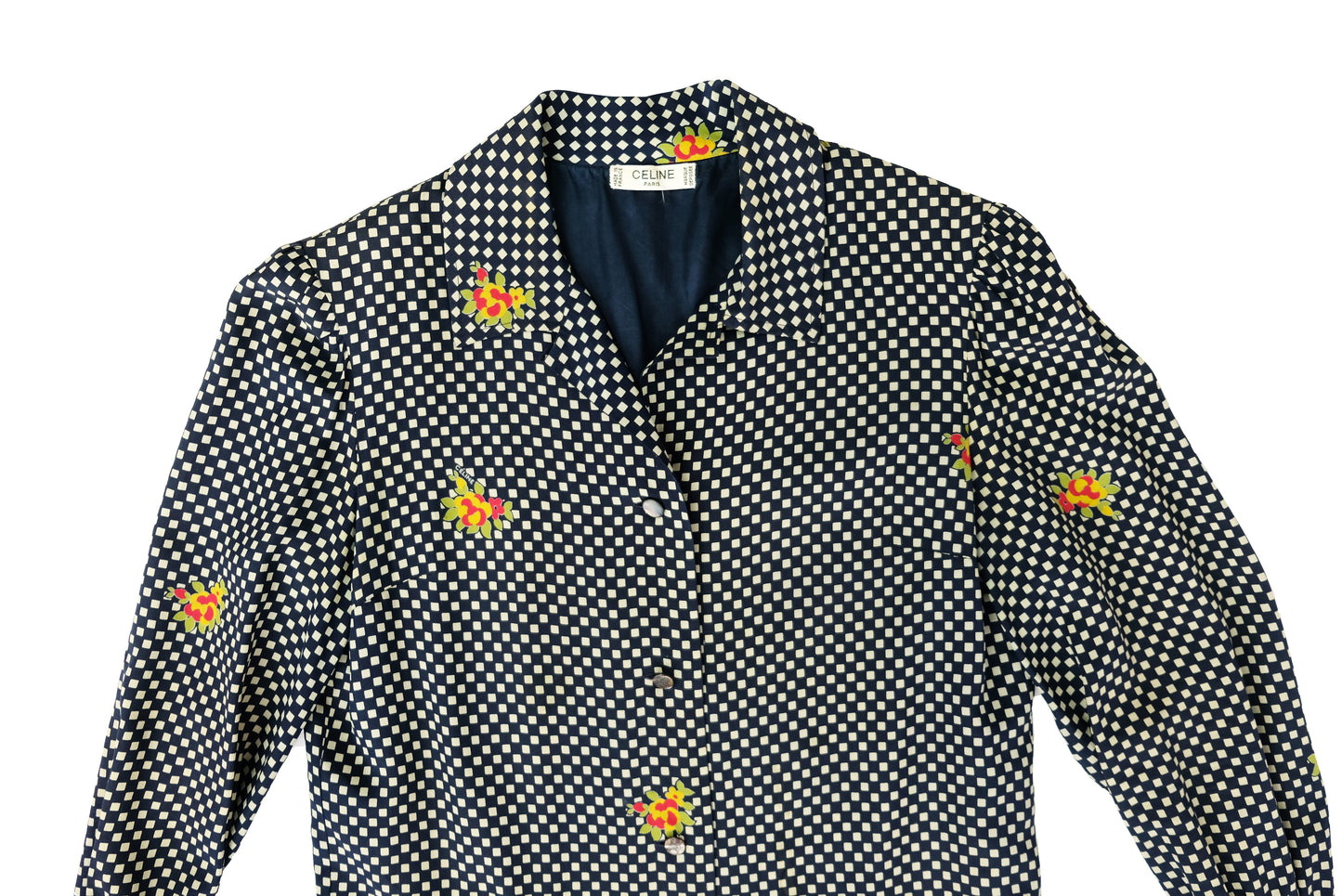 Celine Vintage Shirt Dress in Chequered Silk with Floral Detail, UK12