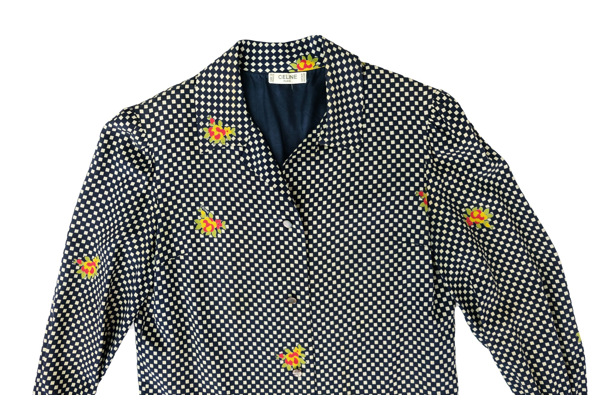 Celine Vintage Shirt Dress in Chequered Silk with Floral Detail, UK12