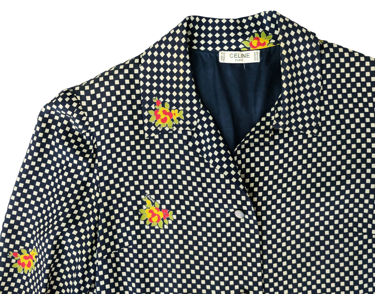 Celine Vintage Shirt Dress in Chequered Silk with Floral Detail, UK12