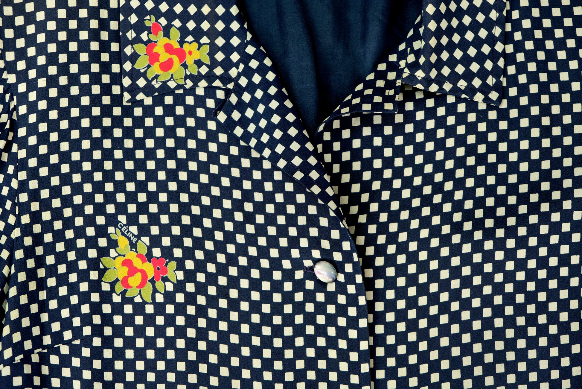 Celine Vintage Shirt Dress in Chequered Silk with Floral Detail, UK12