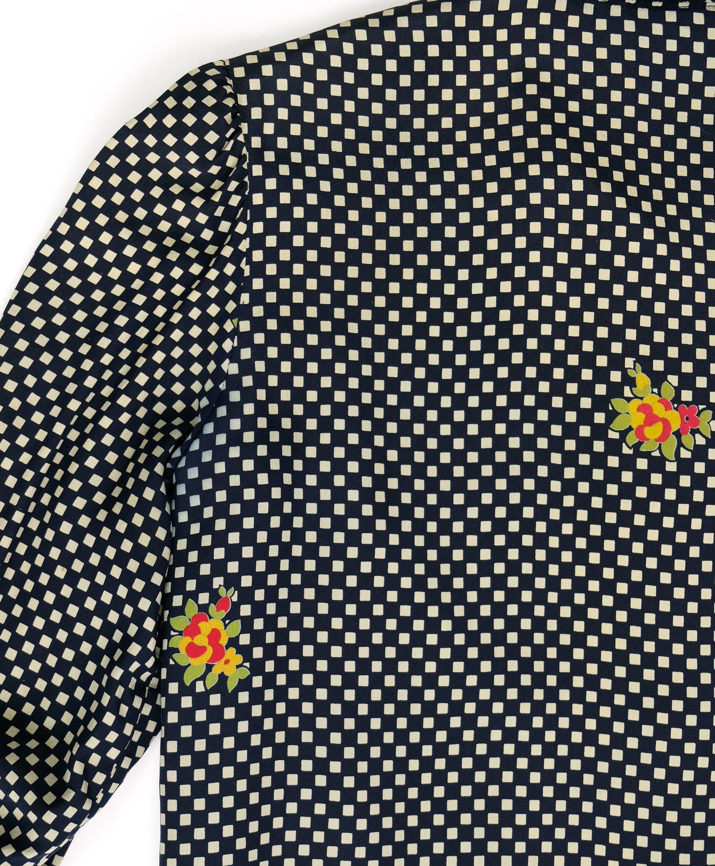 Celine Vintage Shirt Dress in Chequered Silk with Floral Detail, UK12