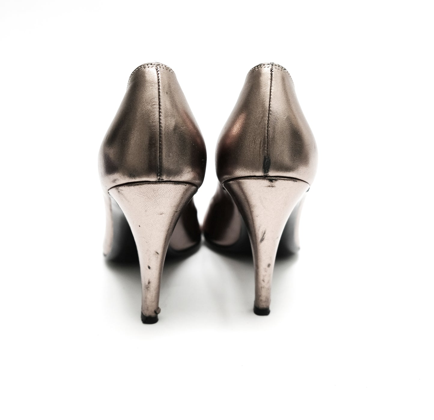 Salvatore Ferragamo Peep Toe Shoes in Silver Leather, UK5.5