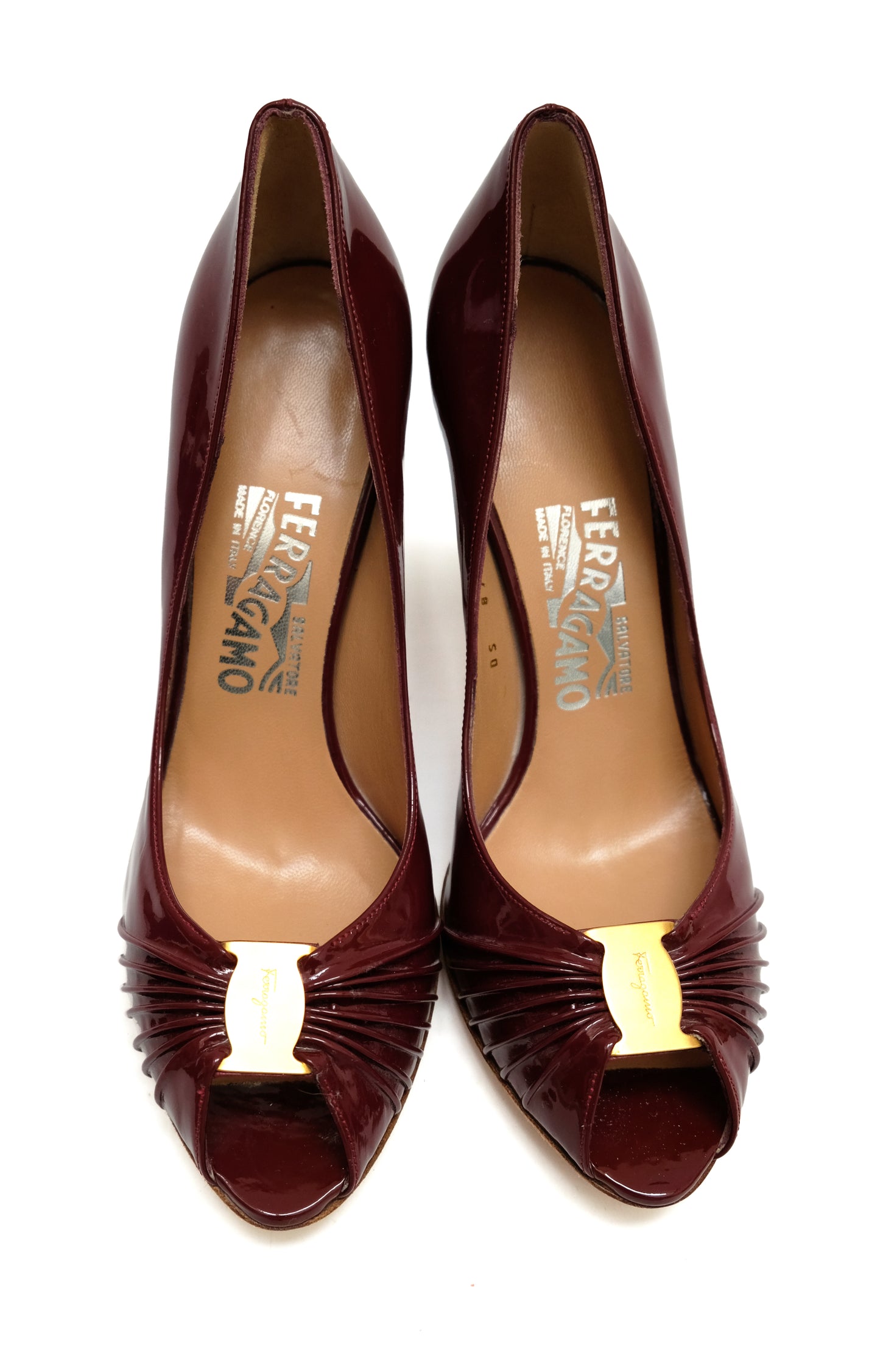 Salvatore Ferragamo Peep Toe Shoes in Burgundy Patent Leather, UK5.5