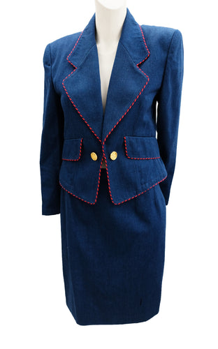 Guy Laroche Vintage Denim Skirt Suit with Red Piping, UK10
