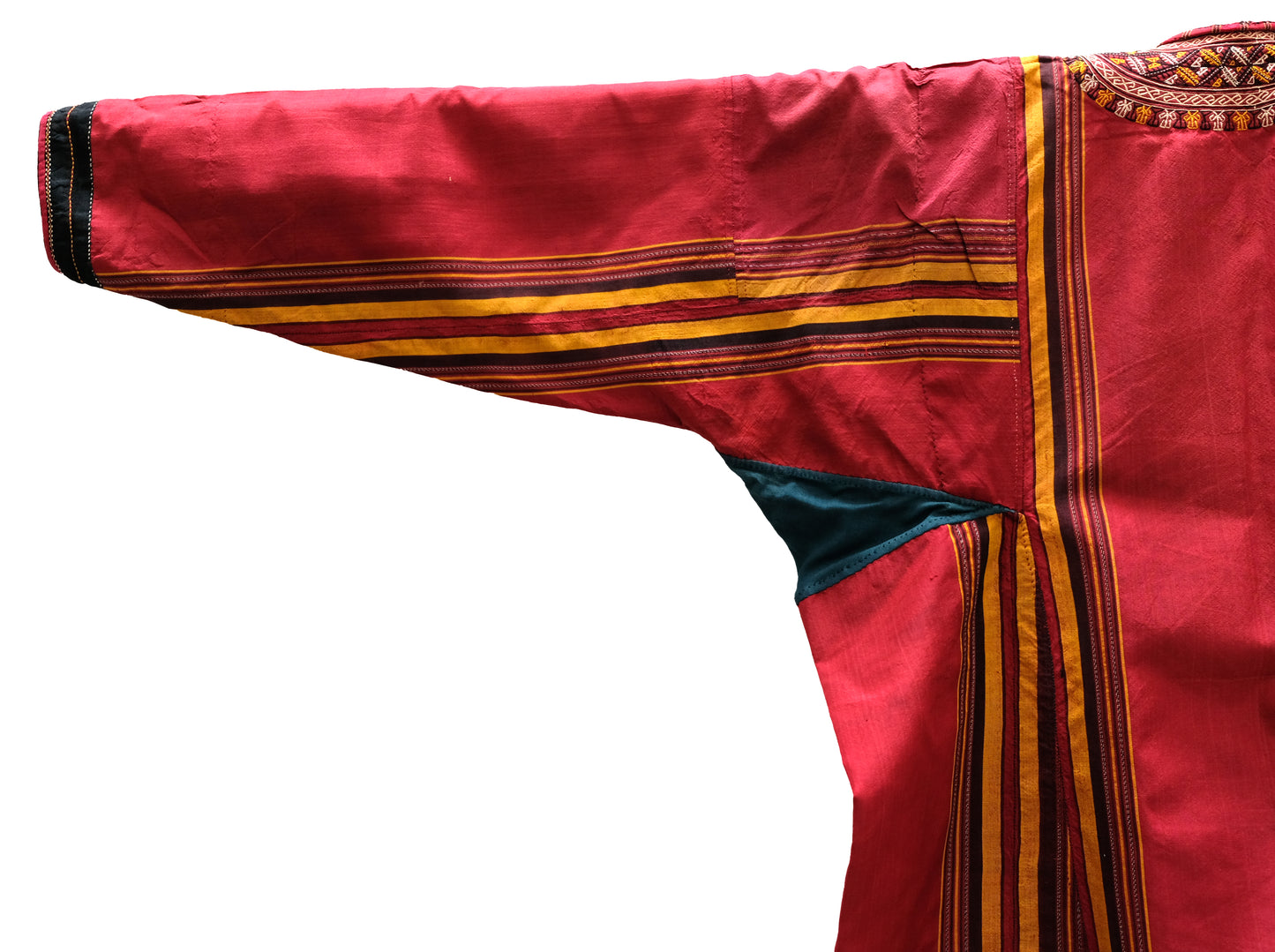 Antique Central Asian Tunic in Red Silk with Gold Stripe and Embroidered Neck