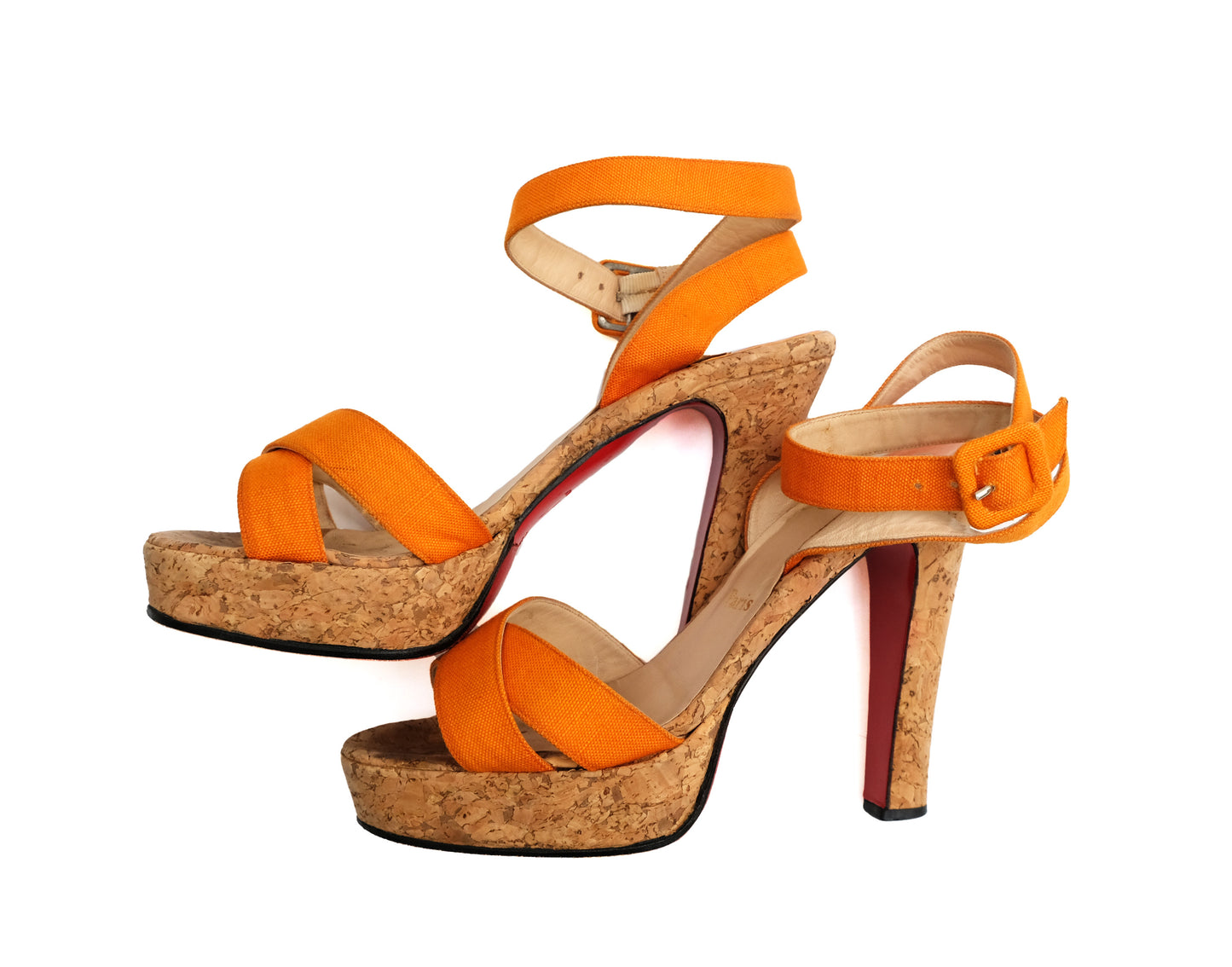 Christian Louboutin Summer Sandals in Orange Cotton with Cork Platforms, EU39.5