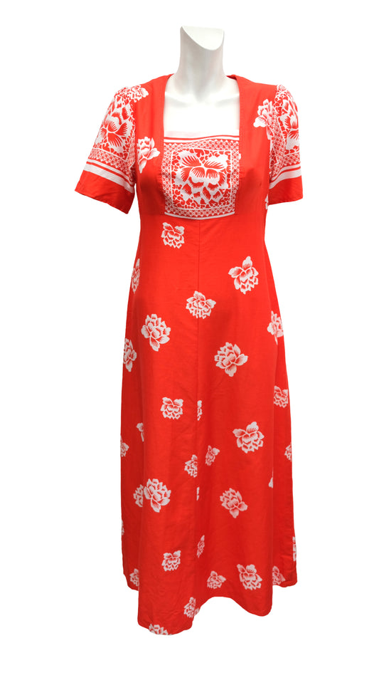 Mid Century Danish Maxi Dress in Red cotton with Floral Print, UK12-14