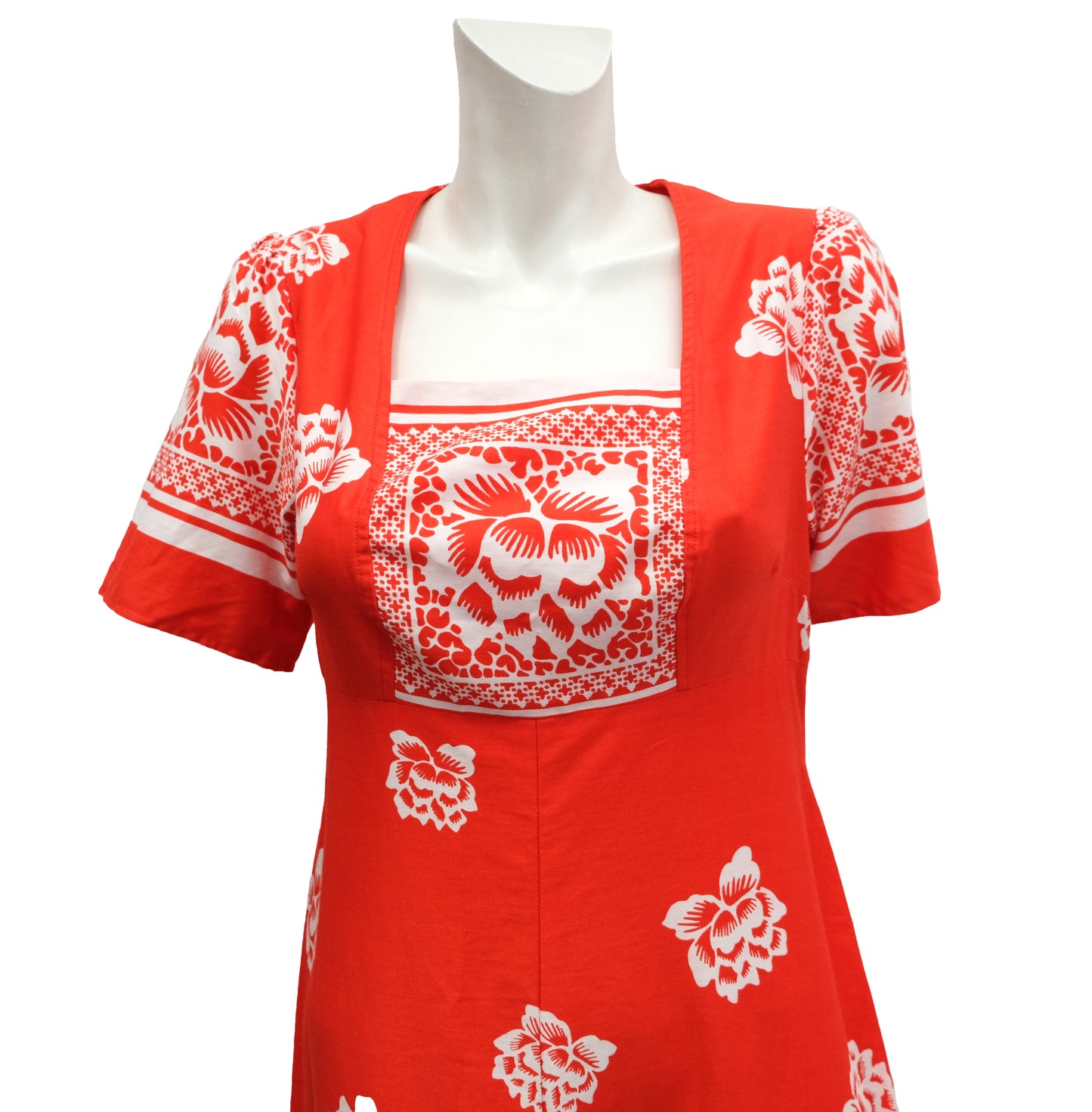 Mid Century Danish Maxi Dress in Red cotton with Floral Print, UK12-14
