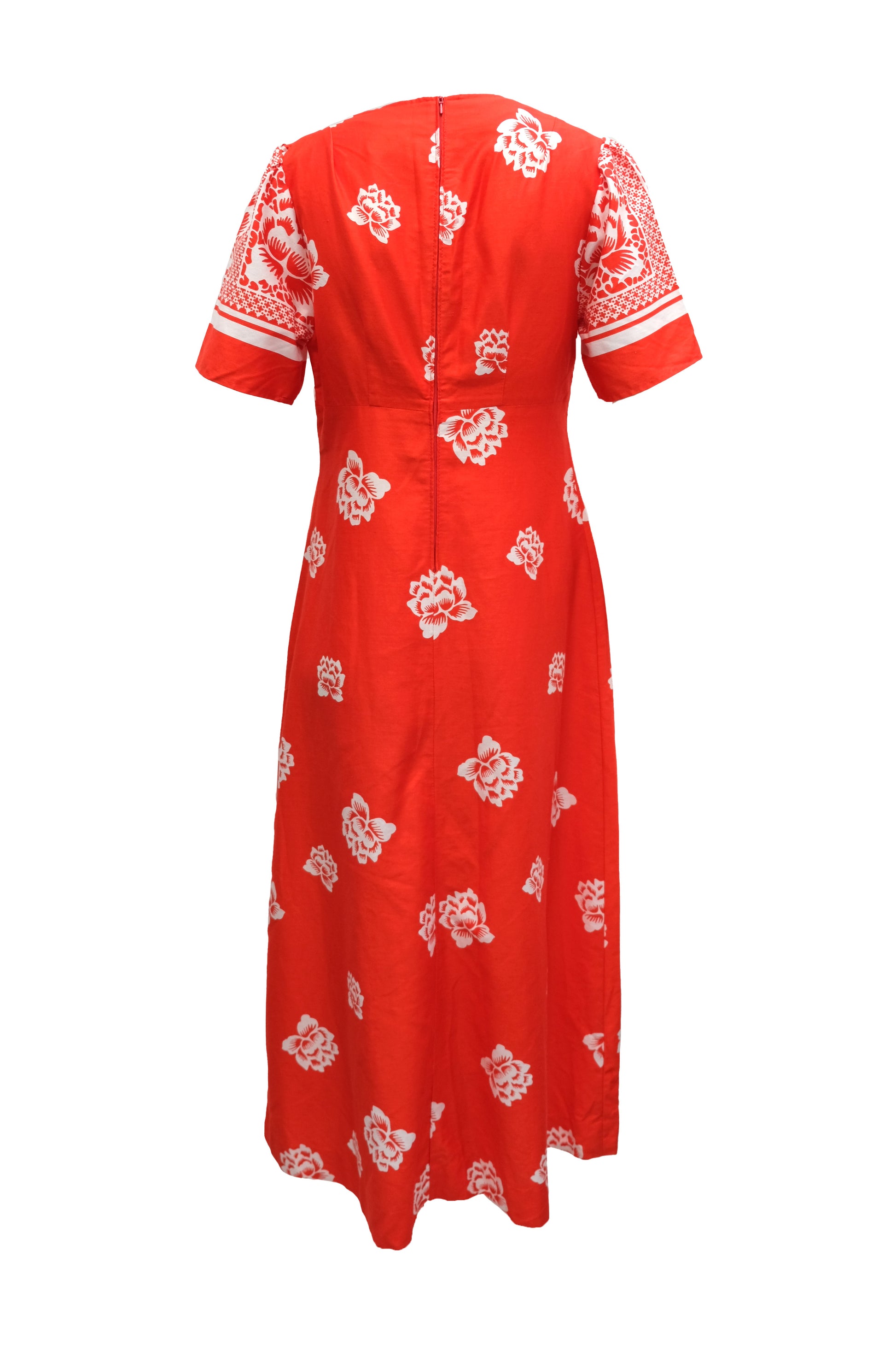 Mid Century Danish Maxi Dress in Red cotton with Floral Print, UK12-14