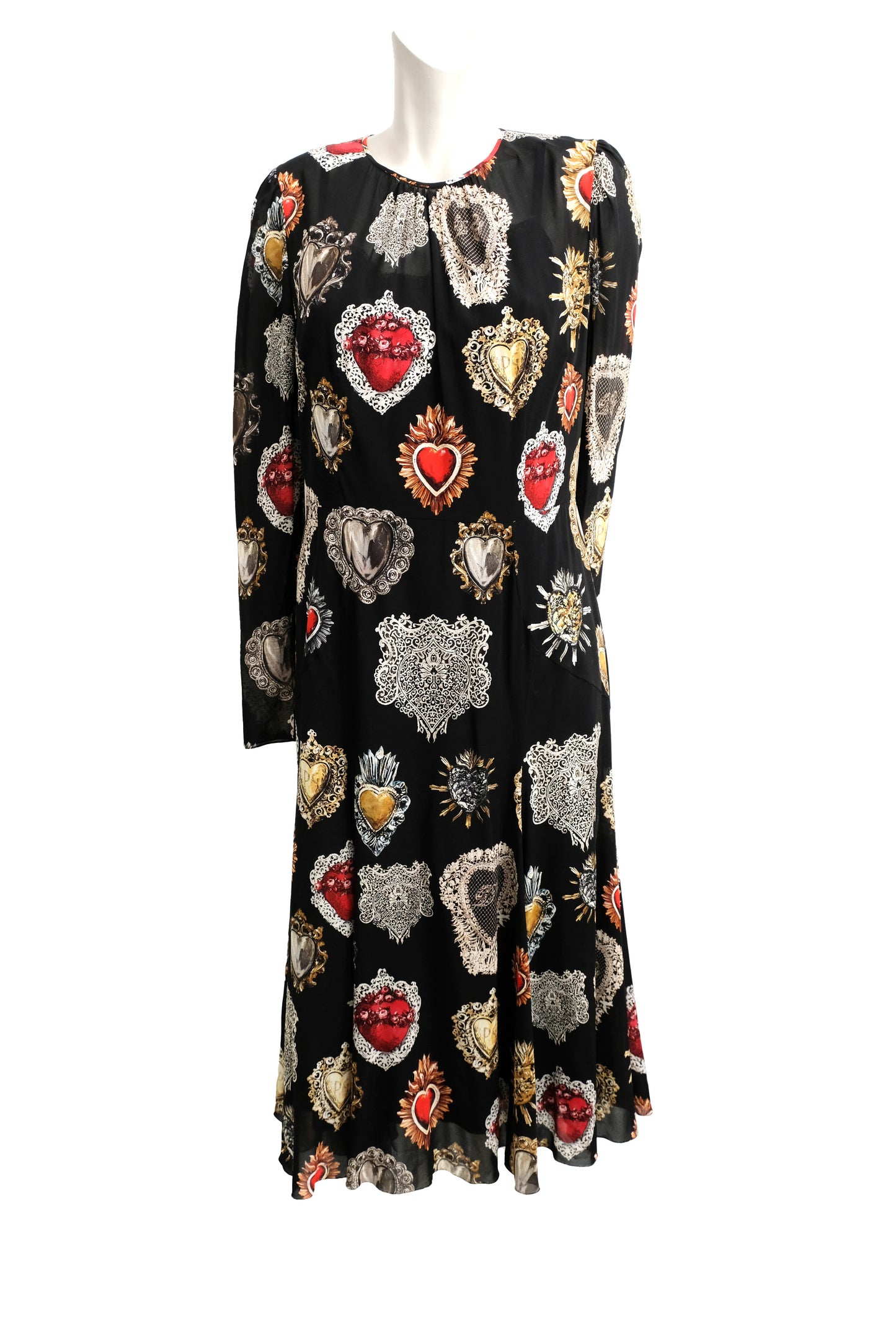 Dolce & Gabbana Black Silk Dress with Sacred Heart Motif, UK16-18