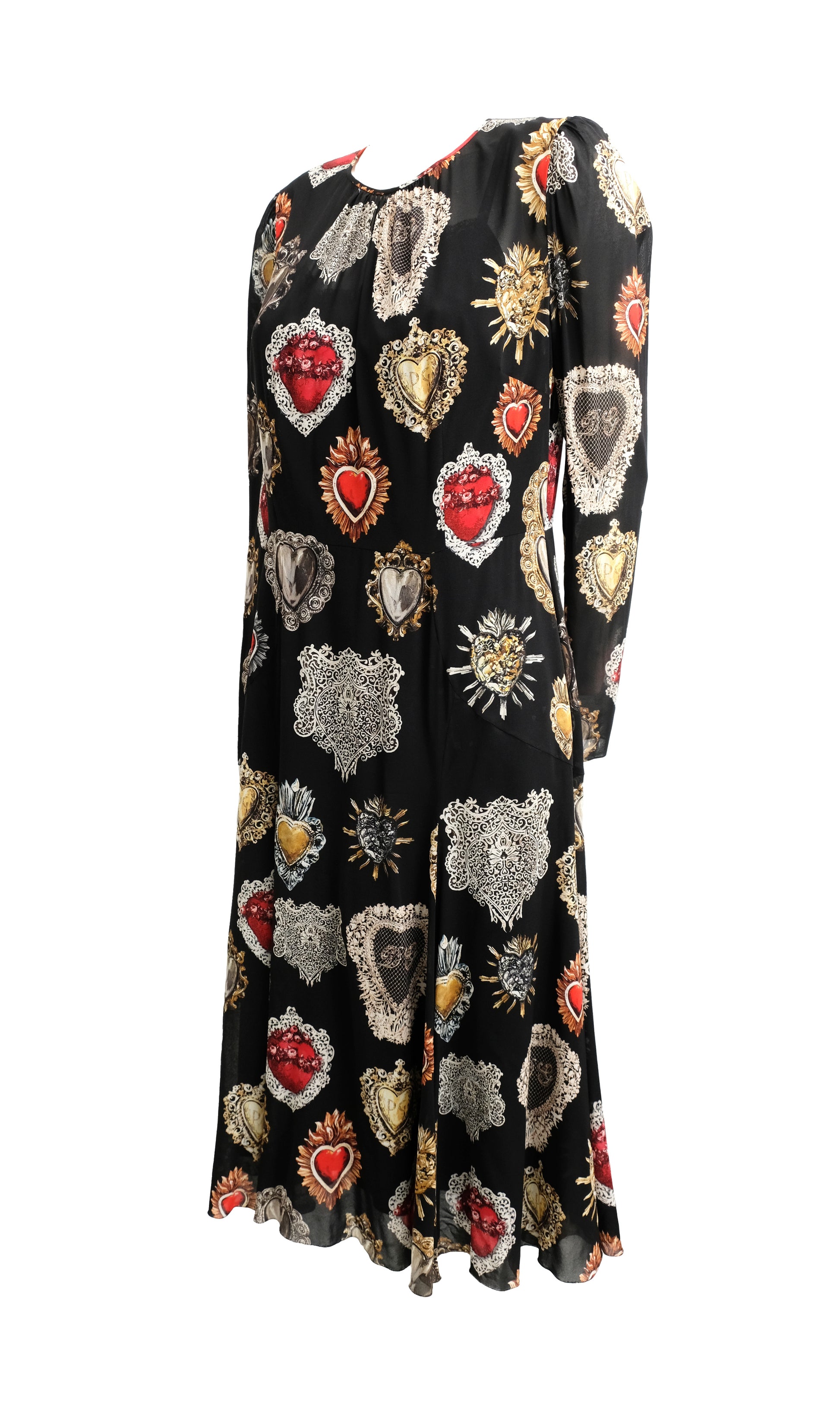 Dolce & Gabbana Black Silk Dress with Sacred Heart Motif, UK16-18