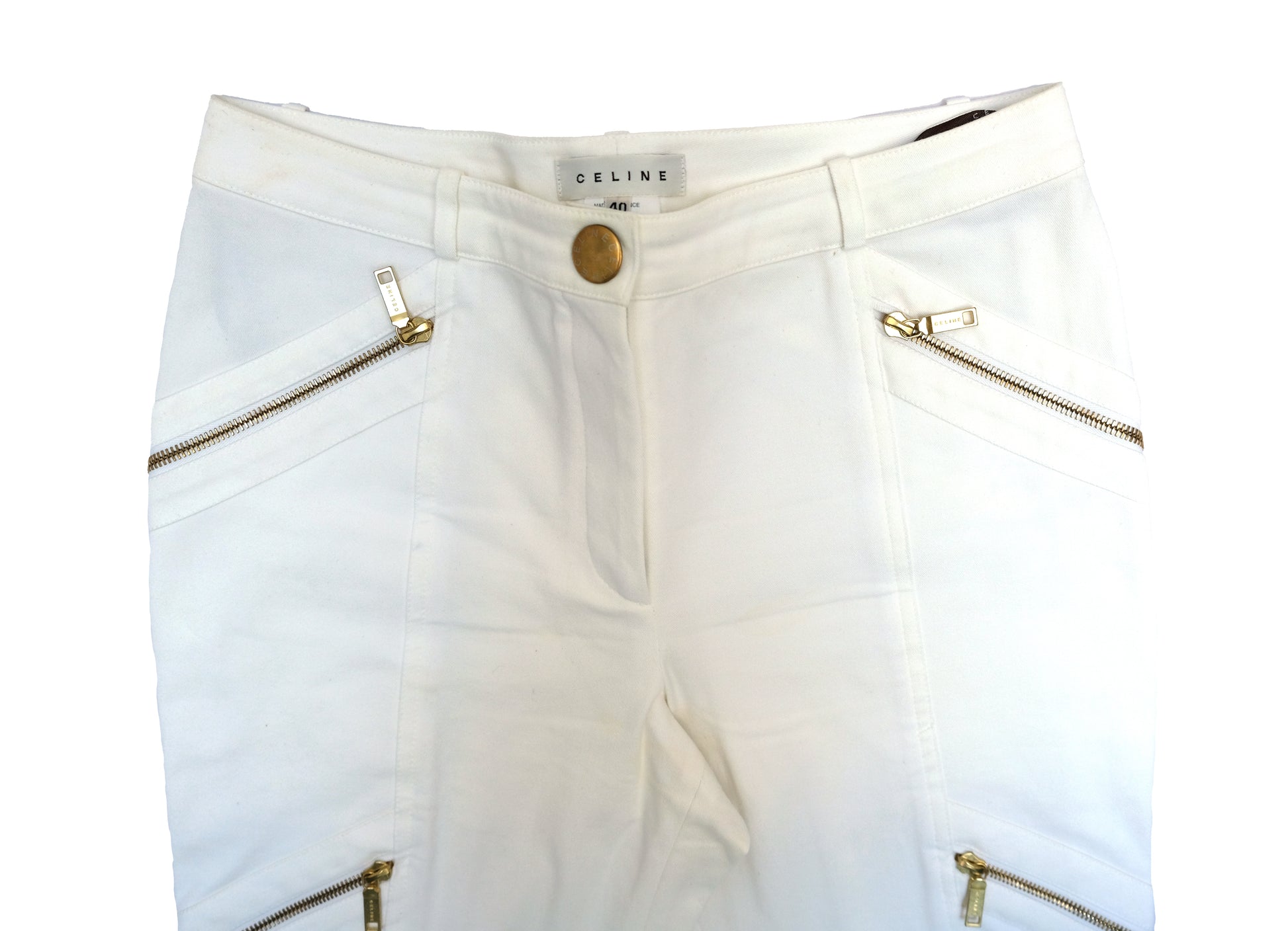 Celine 2 Piece Trouser Suit in Ivory Cotton with Gold Zips, UK10-12