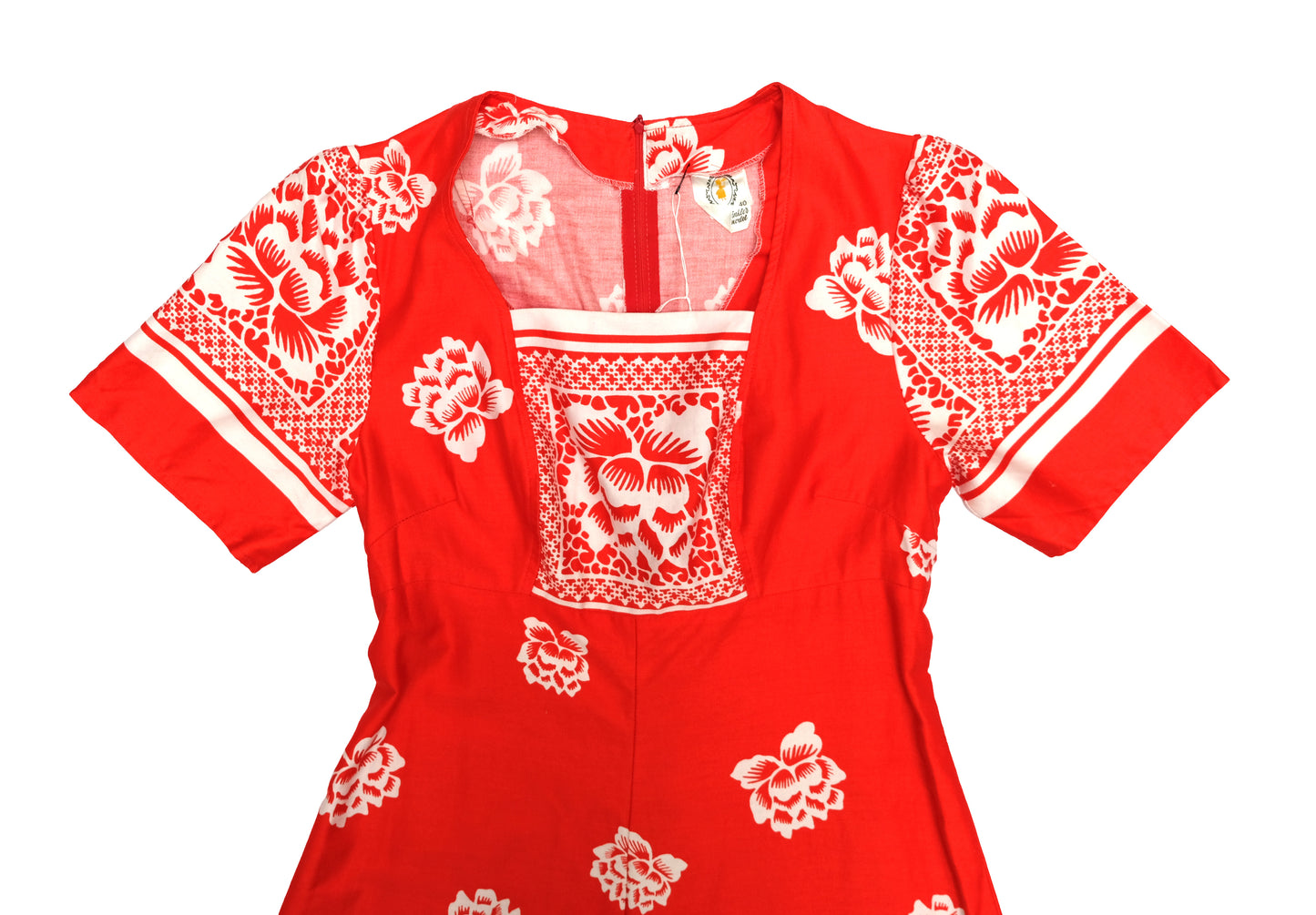 Mid Century Danish Maxi Dress in Red cotton with Floral Print, UK12-14